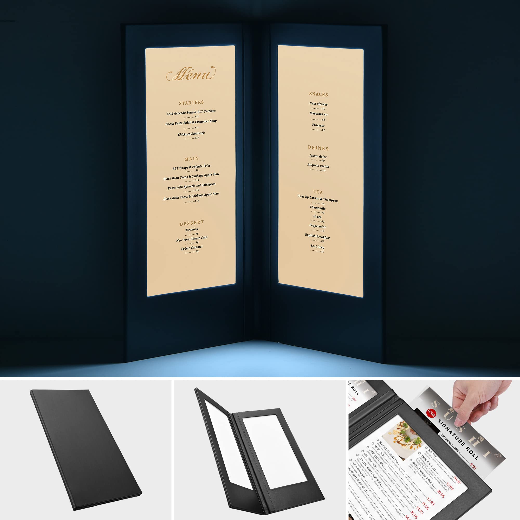 Wechef Led Back Lit Light Menu Holder Cover Folding Double Panel Fits 5''X11'' Paper For Hotel Club