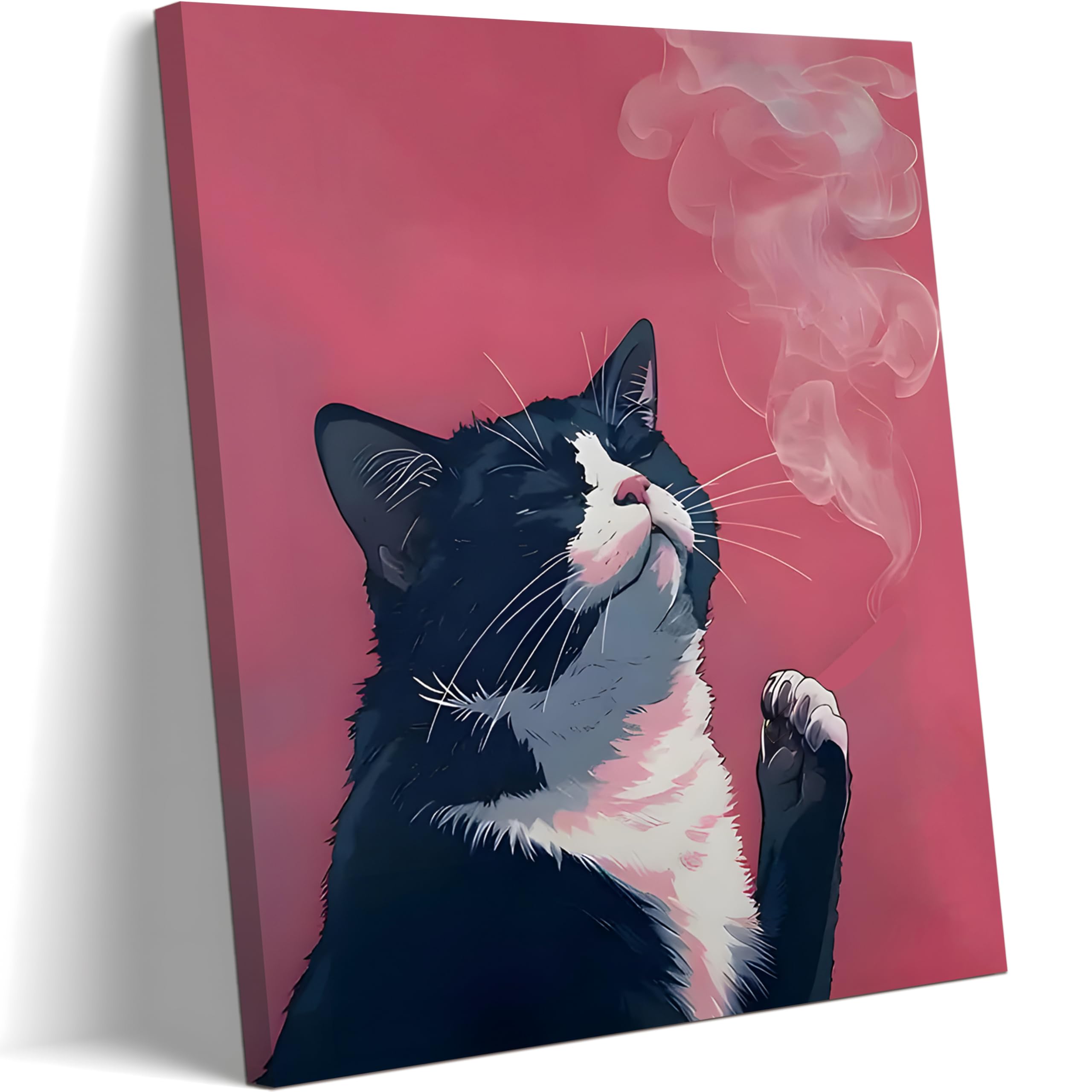 Framed Funny Black Cat Wall Art Canvas Print, Pink Cool Cat Illustration Poster Wall Decor, Quirky Modern Cat Artwork For Living