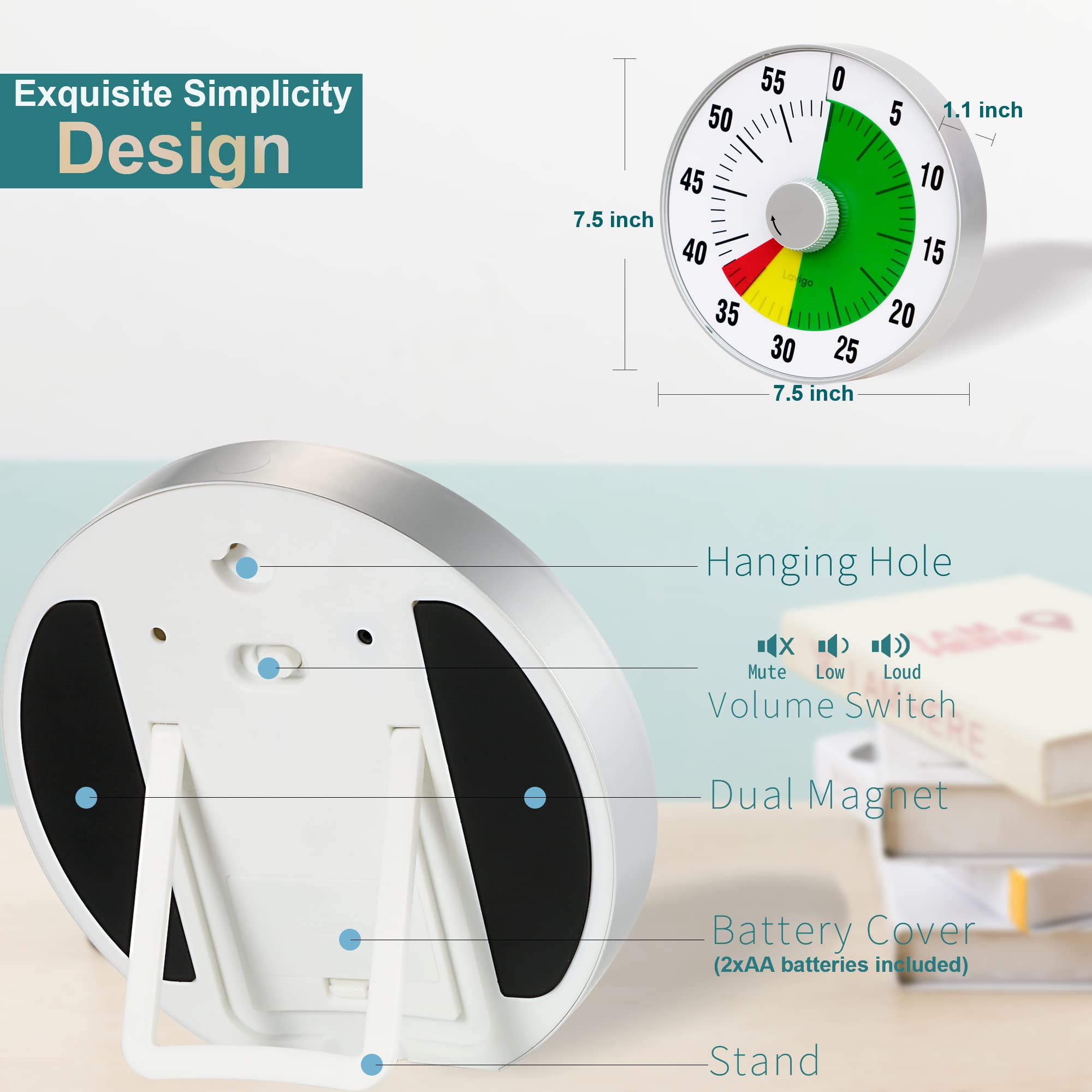 Lavigo Kitchen Timer, Countdown Visual Analog Timer, Quiet Counting, Low Loud And Mute Alarm For Teachers Classroom, Kids, Adult