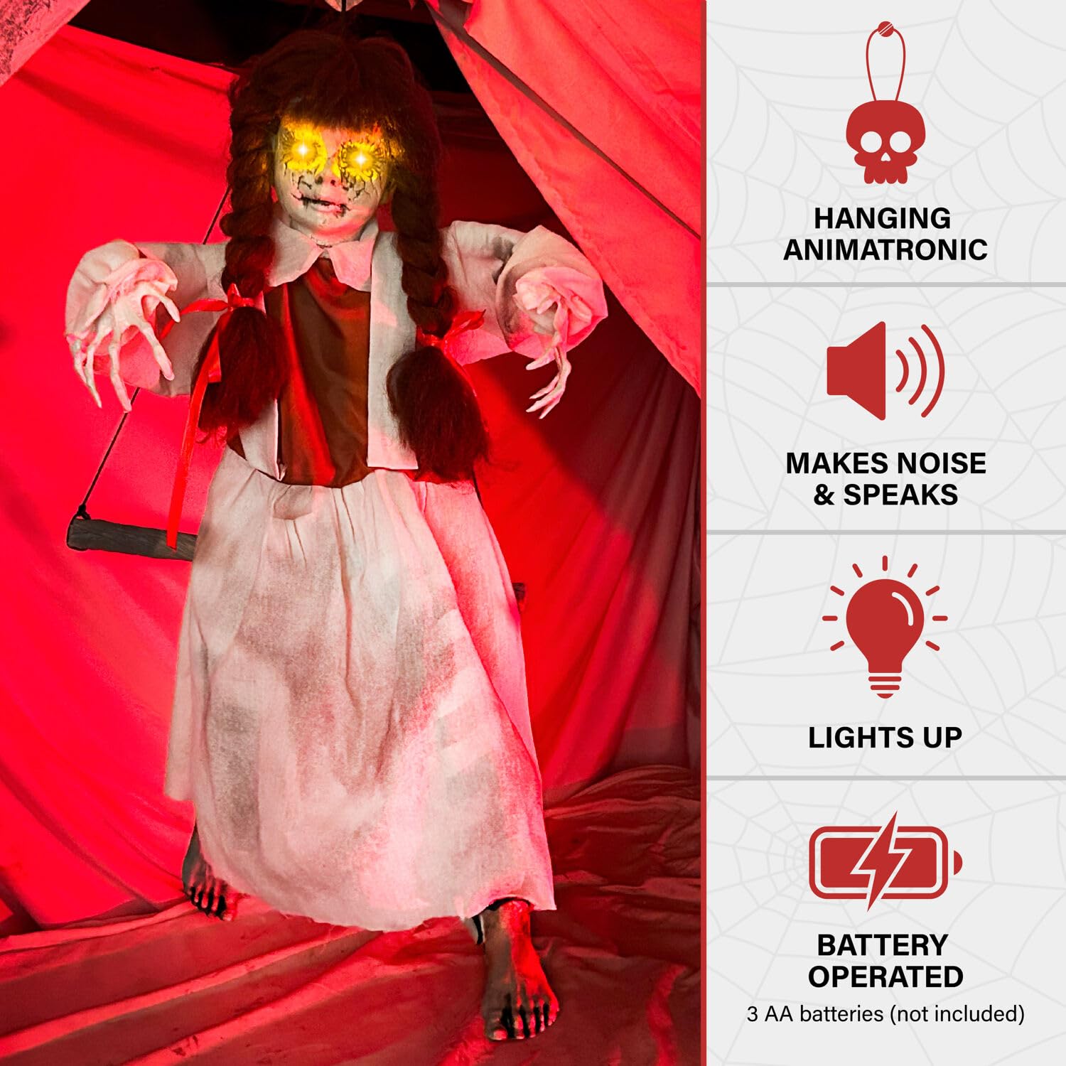 Haunted Hill Farm Animatronic Scary Talking Haunted Doll on Swing with Touch Activated Lights and Sound, Battery-Operated Indoor