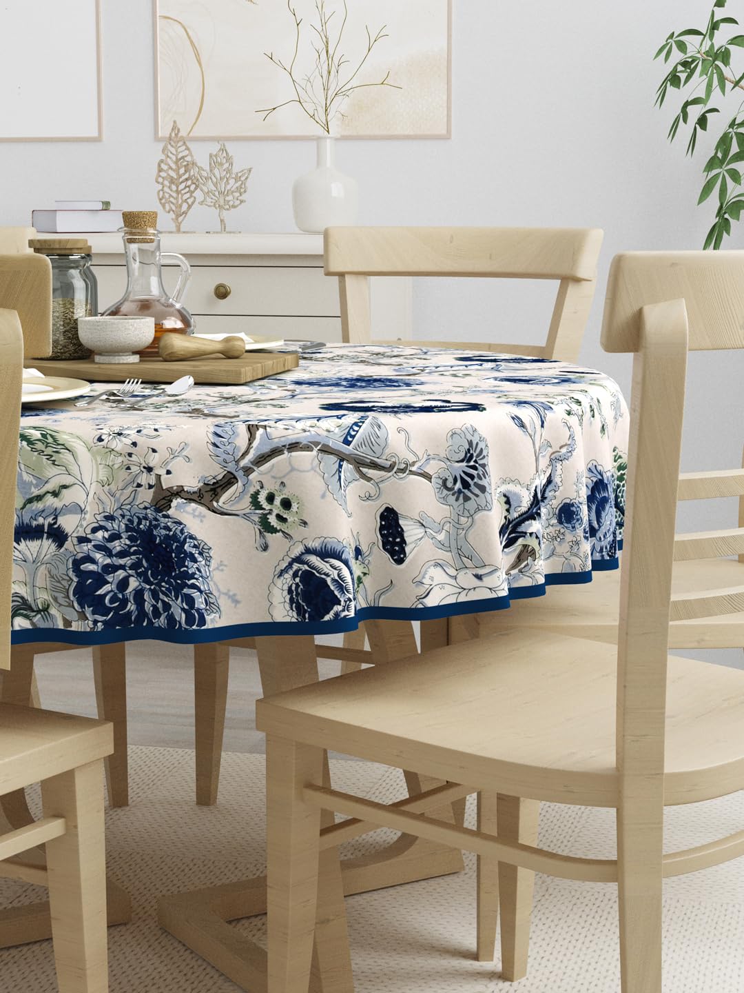 Clasiko 100% Cotton 6 Seater Round Table Cover; 72x72 Inches; Blue Flowers