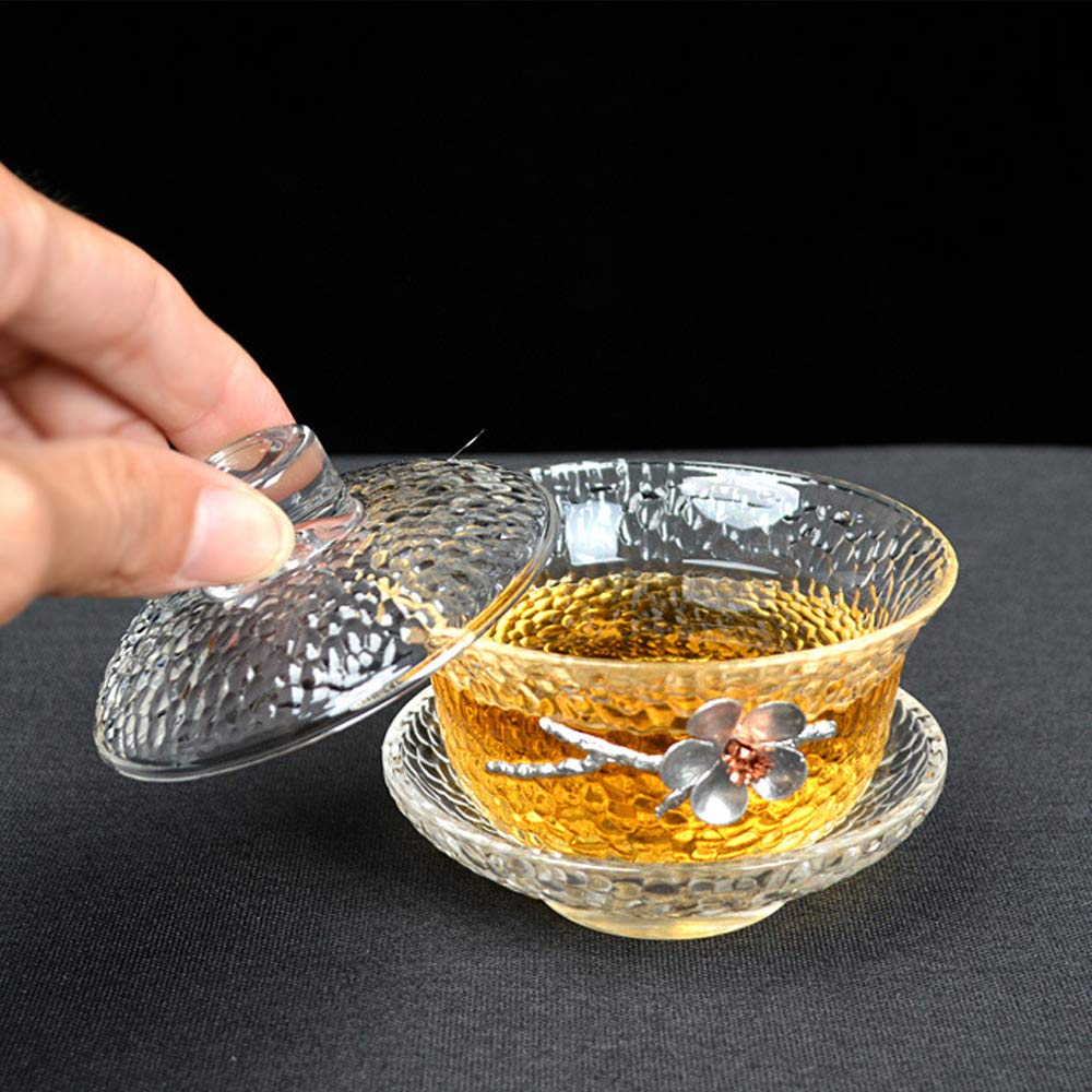 Chinese Glass Gaiwan Traditional Plum Design Kongfu Tea Cup 150Ml,Classic Tea Set Cup With Lid And Saucer