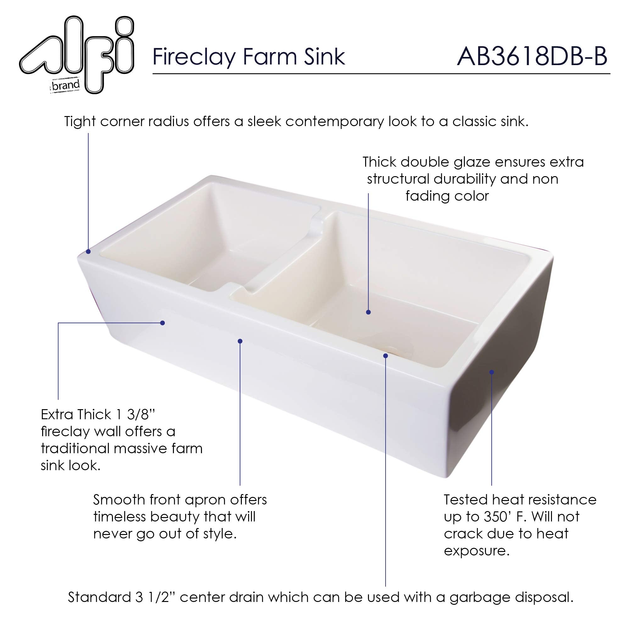 Alfi Brand Ab3618Db-B Smooth Thick Wall Fireclay Double Bowl Farm Sink, 36'', Biscuit