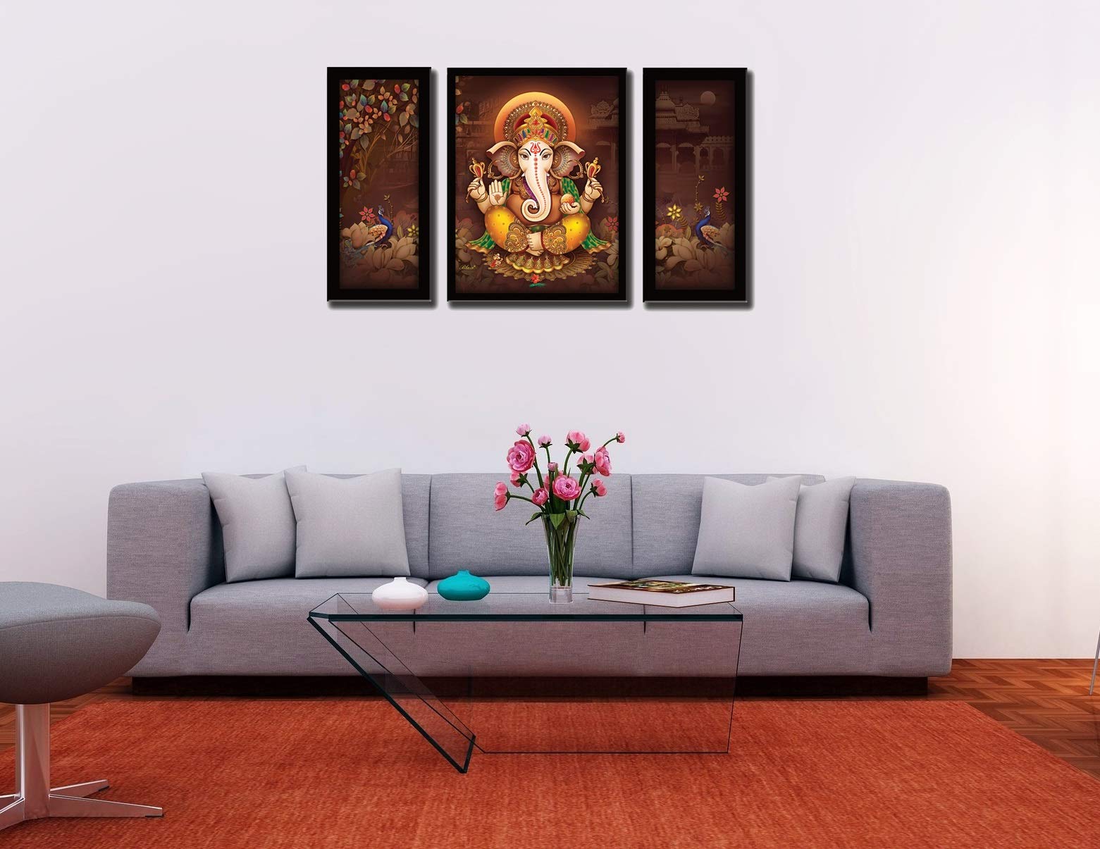 Lifehaxtore Ganesha Art Framed Painting | Uv Textured | 3 Panel Painting | Ready To Hang- (Wood, 24 Inch X 18 Inch)