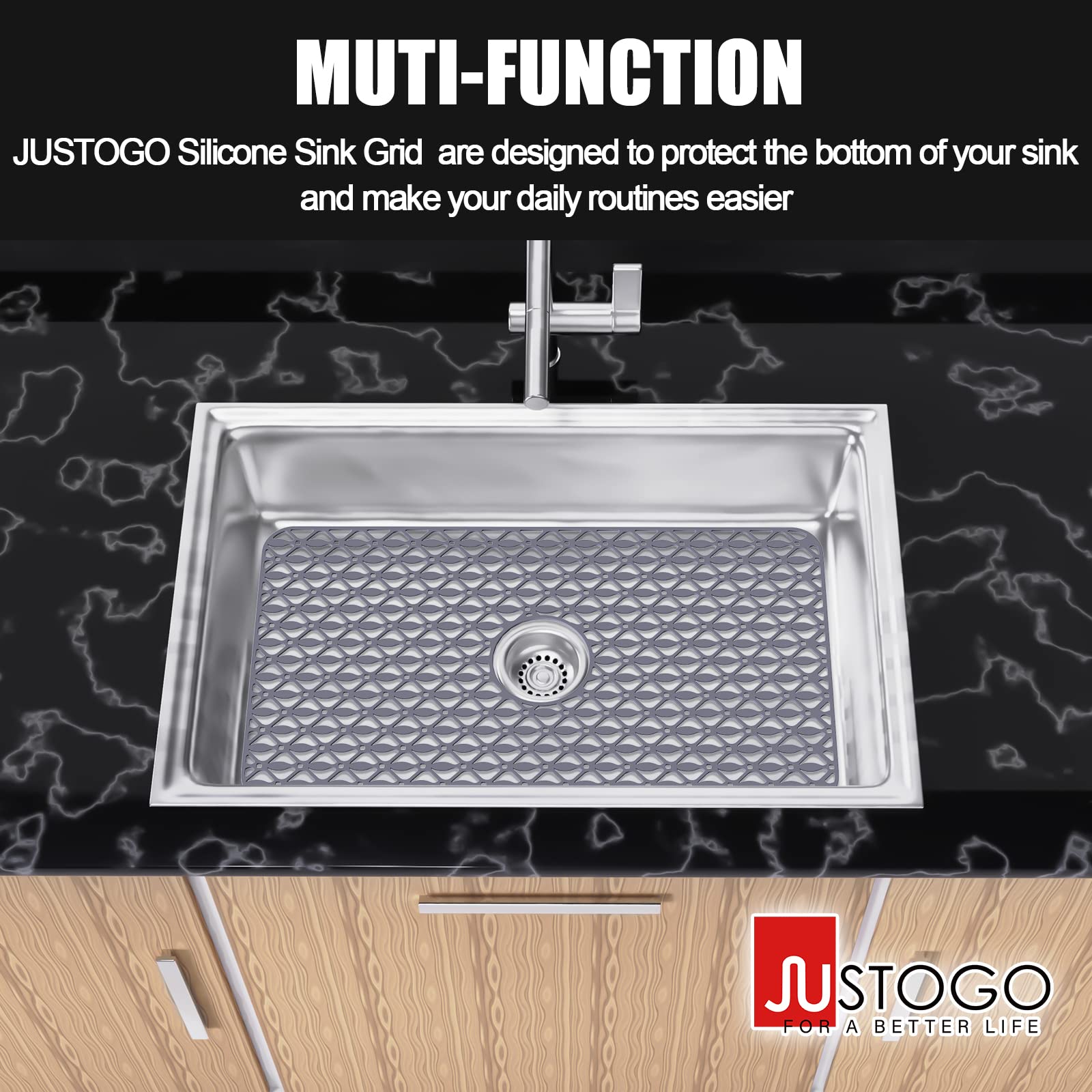 Justogo Sink Protectors For Kitchen Sink, Center Drain Kitchen Sink Protector Grid Accessory 28.3''X 15.6'', Folding Sink Mats G