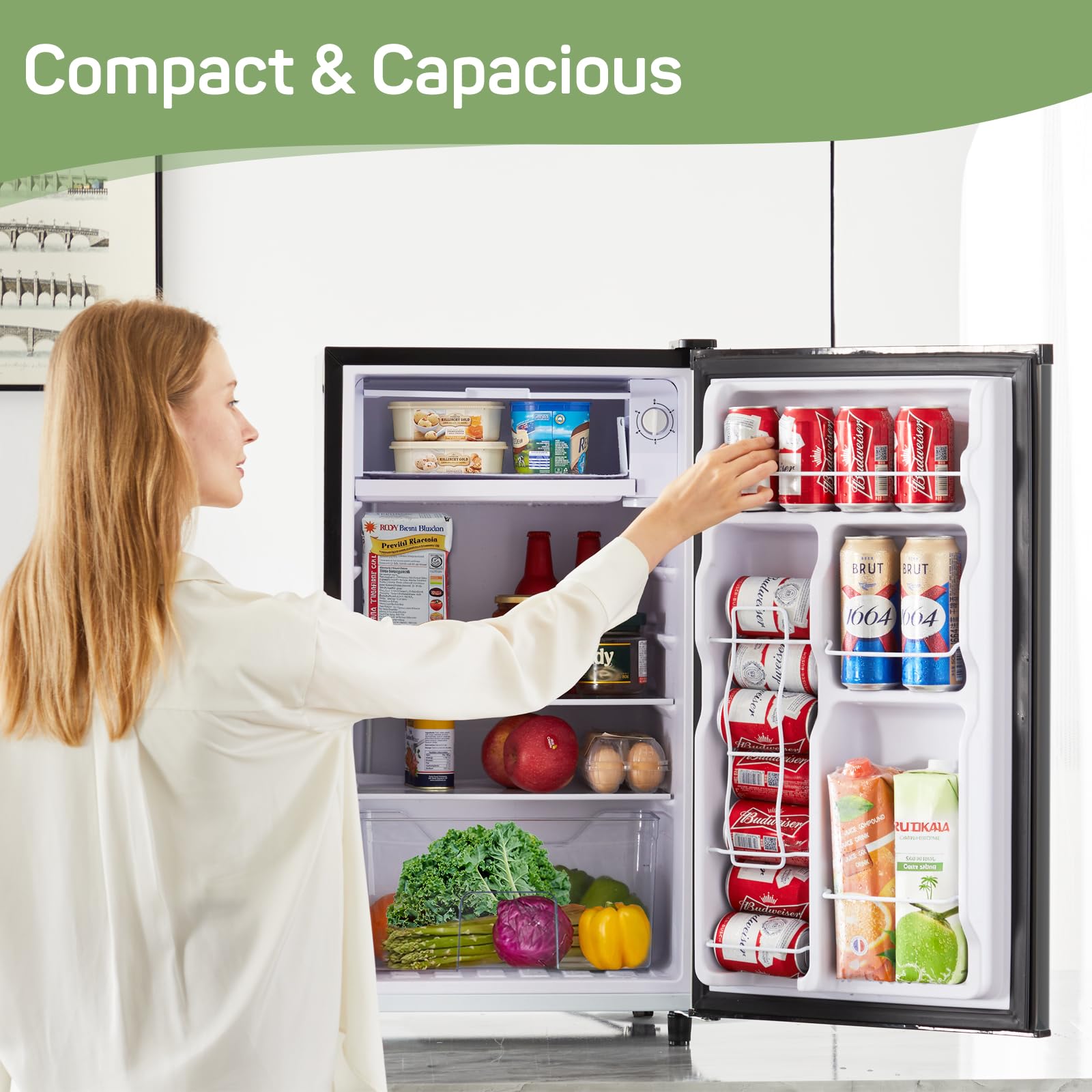 Zibbizo Upgraded Mini Fridge For Bedroom 3.2 Cu.Ft Small Refrigerator With Freezer For Dorm Office, Compact Single Door Adjustab