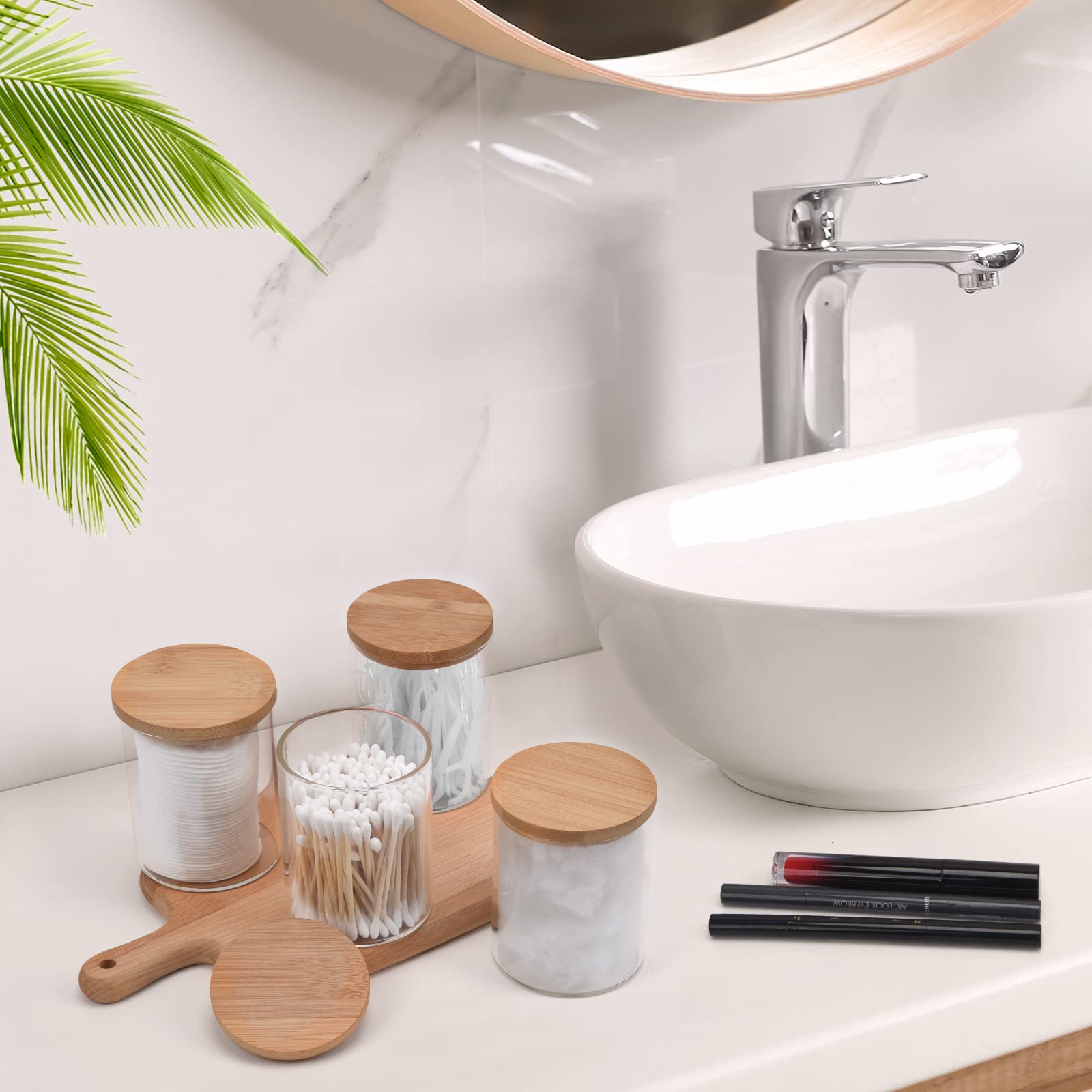 BKYFPQ 4 Pack Glass Qtip Holder Dispenser Bathroom Jars with Bamboo Lids  Cotton Ball Pad Round Swab Holder for Bathroom Accessories Storage Organizer Farmhouse Bathroom Decor  Boho Bathroom Decor.