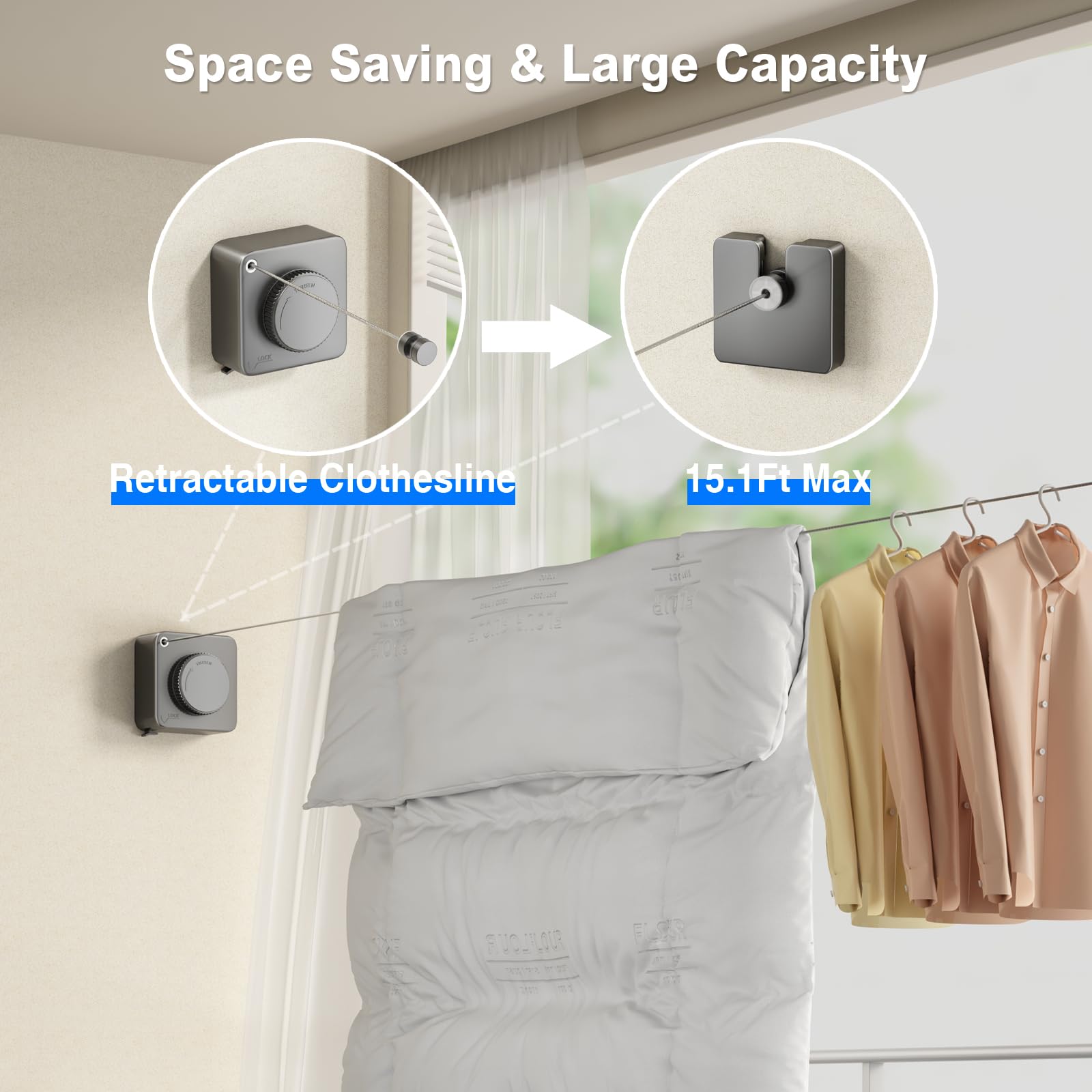 Mustorn Retractable Clothesline Indoor, Non-Sagging Outdoor Clothes Line Retracting Heavy Duty Clothes Drying Laundry Line Wall