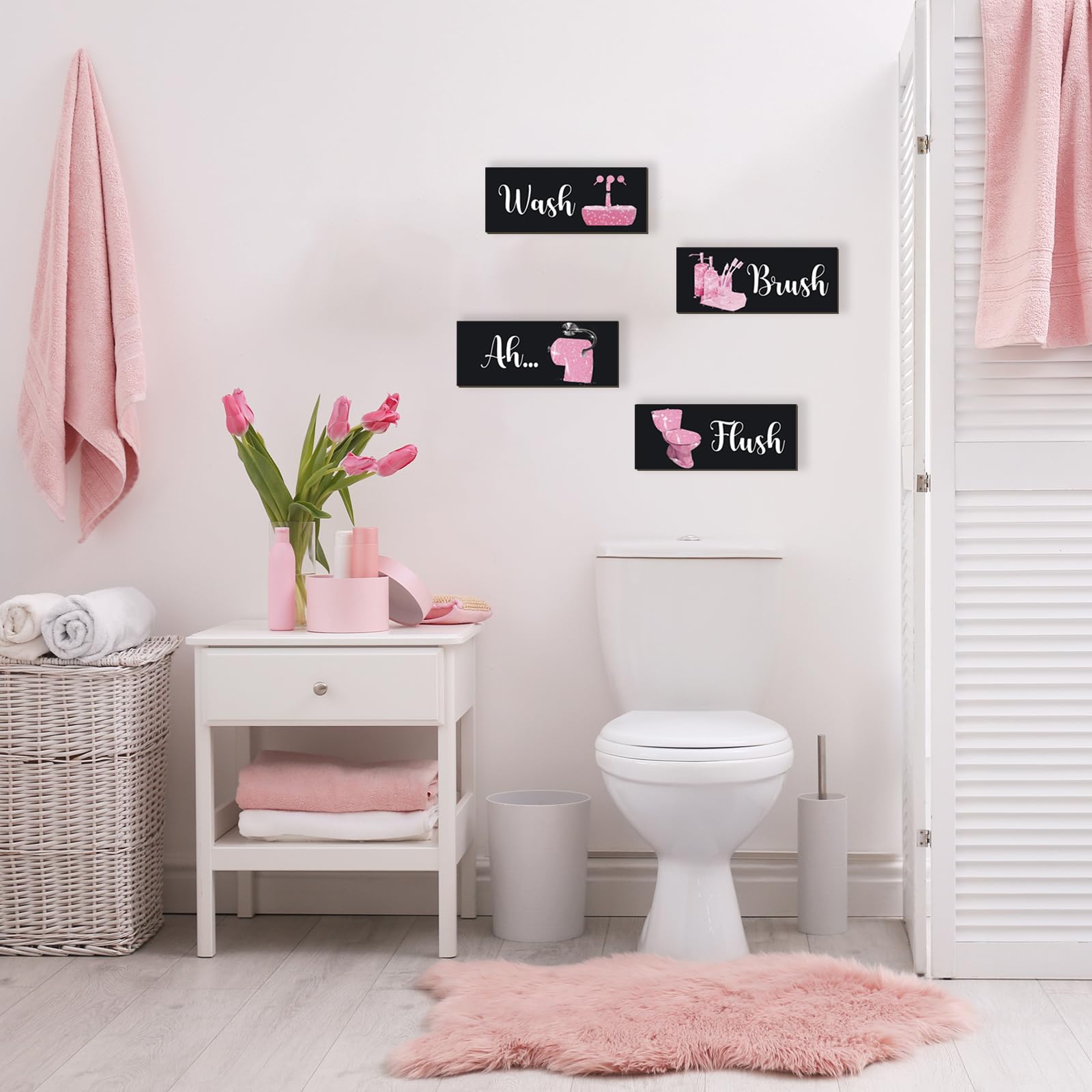 FENCORDAR 4 Pcs Pink Bathroom Decor Funny Pink And Black Bathroom Decor Wooden Modern Funny Glitter for Home Toilet Decoration(1