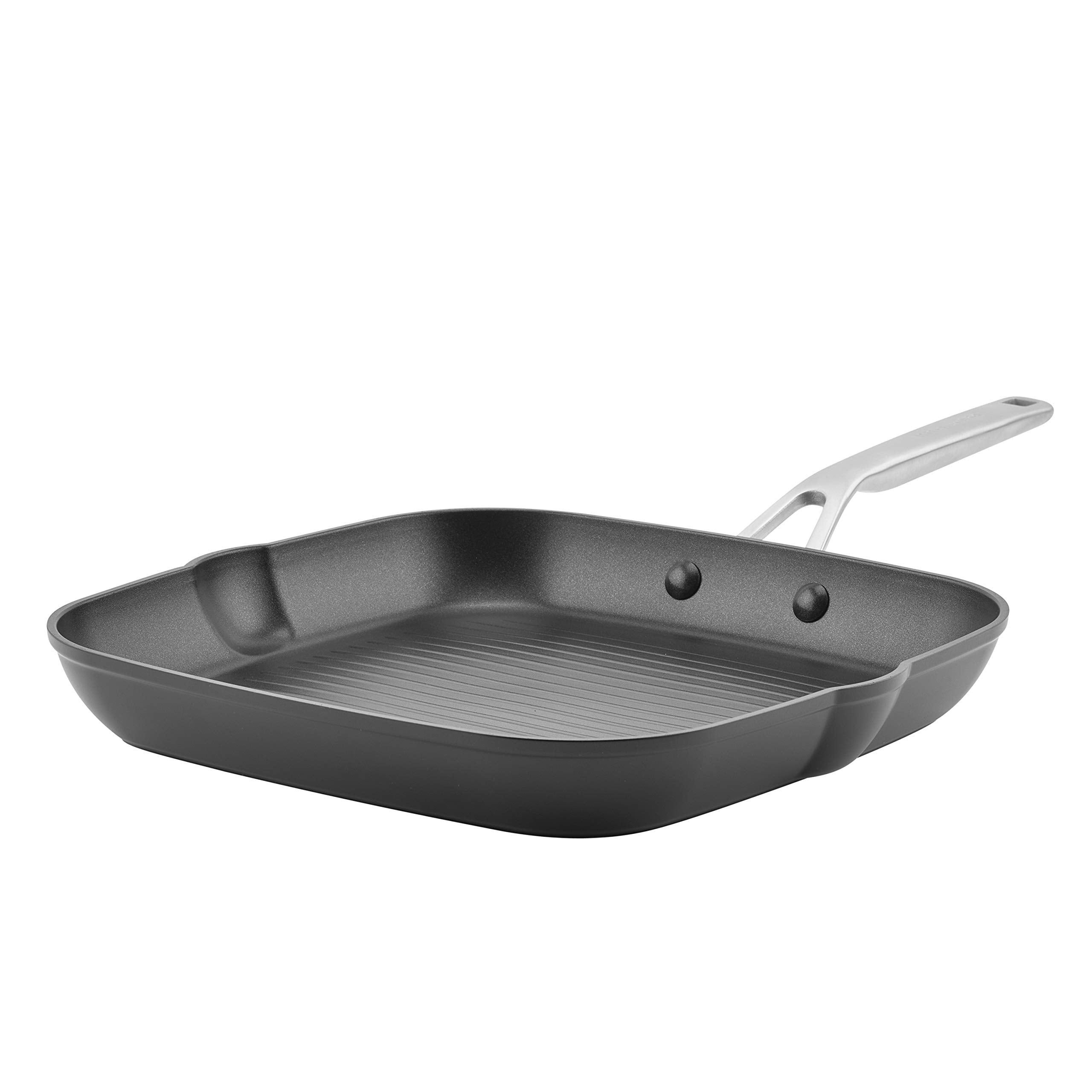Kitchenaid Hard Anodized Induction Nonstick Square Grill Pan/Griddle With Pouring Spouts, 11.25 Inch, Matte Black
