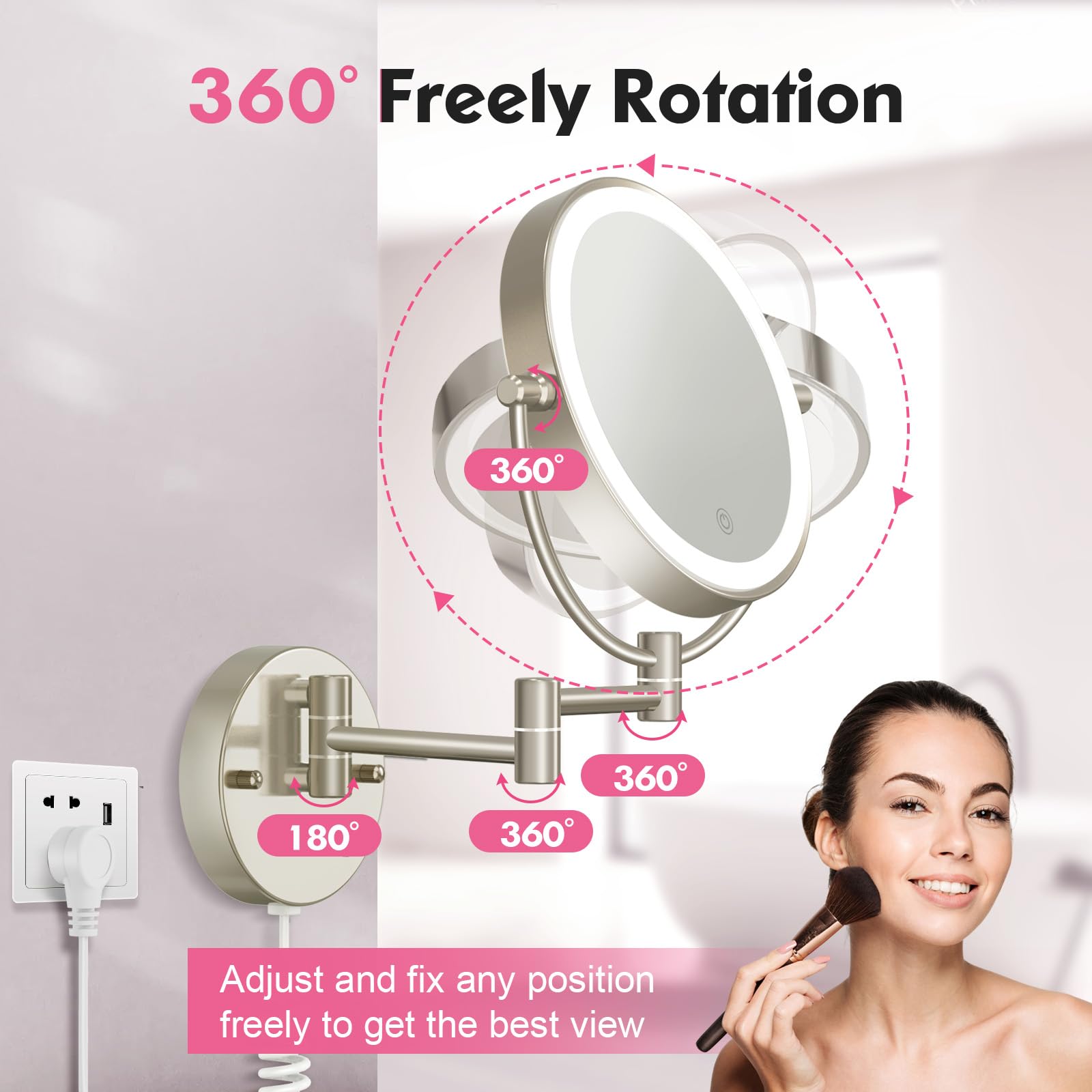 Fascinate Upgraded Wall Mounted Makeup Mirror With Lights, Super Large Double Sided 1X/10X Magnifying Mirror For Bathroom, 360 S