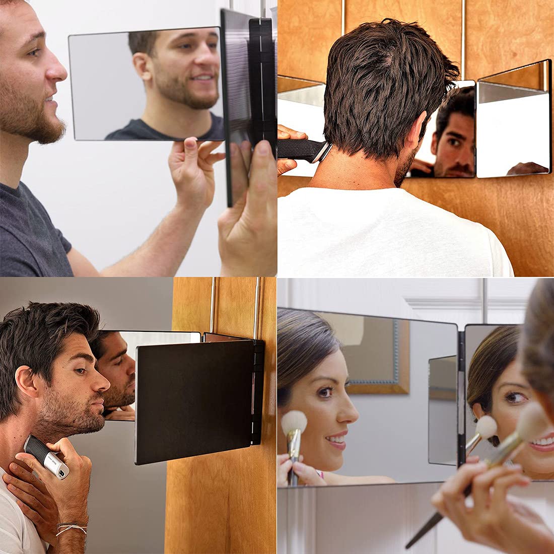 HIEEY 3 Way Trifold Mirror - Adjustable Height, 5X Magnification, 7.6"x35", Black, Plastic, Model 3mirror for Hair Cutting & Makeup