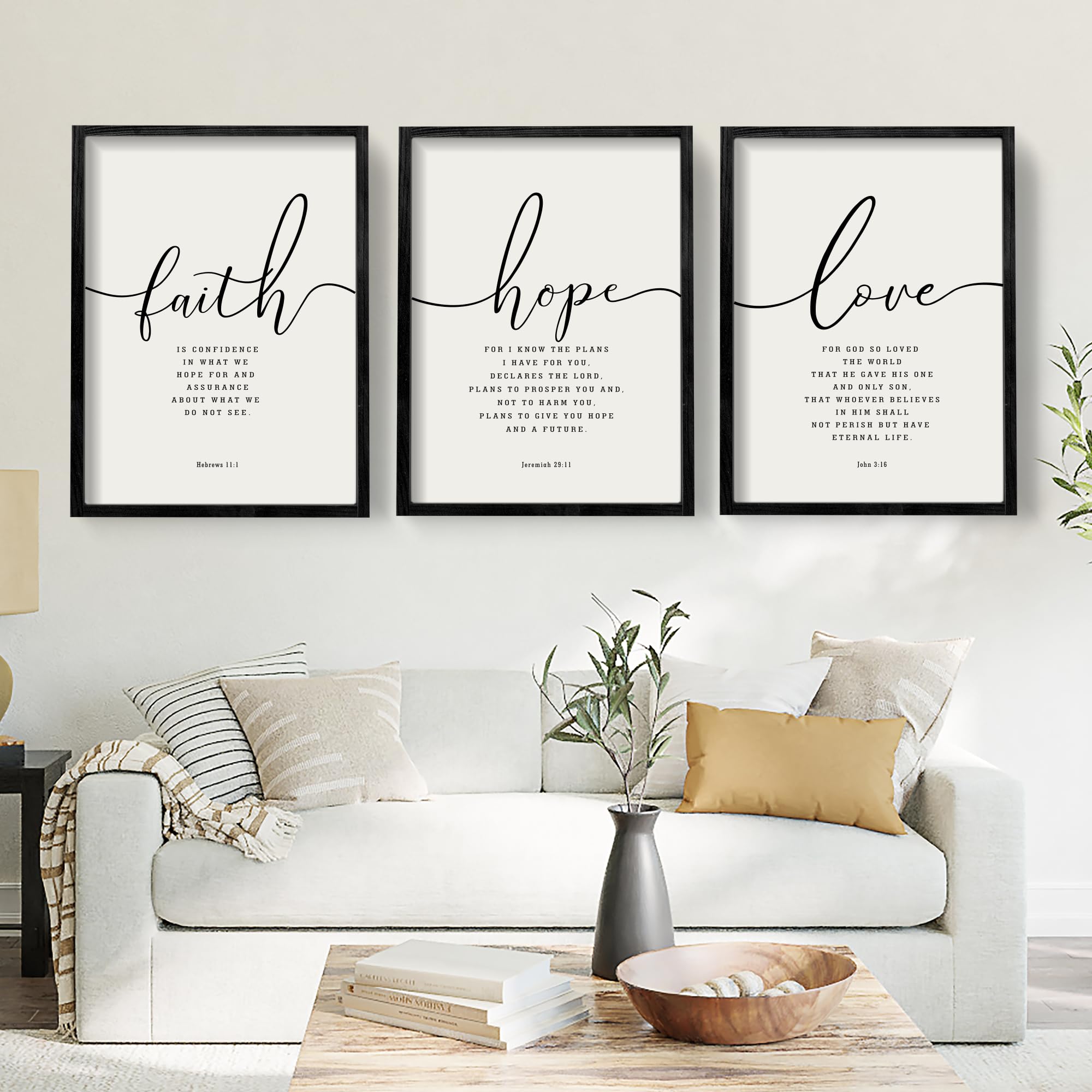 Houmury 3Pcs Framed Faith Hope Love Bible Verses Wall Art Farmhouse Religious Quotes Wall Decor Inspirational Wall Art (Black, 1