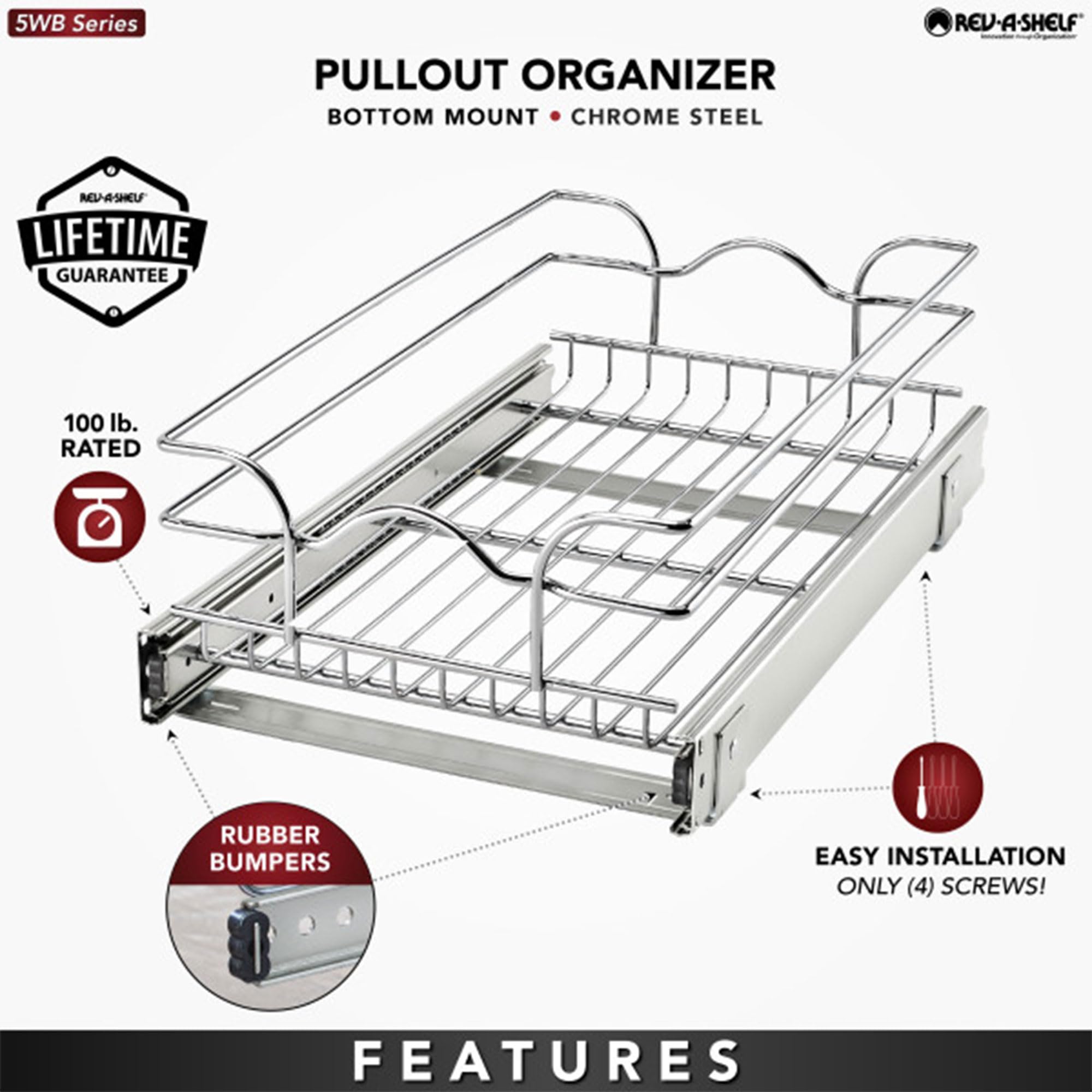 Rev-A-Shelf Kitchen Cabinet Pullout Shelf And Drawer Organizer Slide Out Pantry Storage Basket In Multiple Sizes, 12 X 20 In, 5W