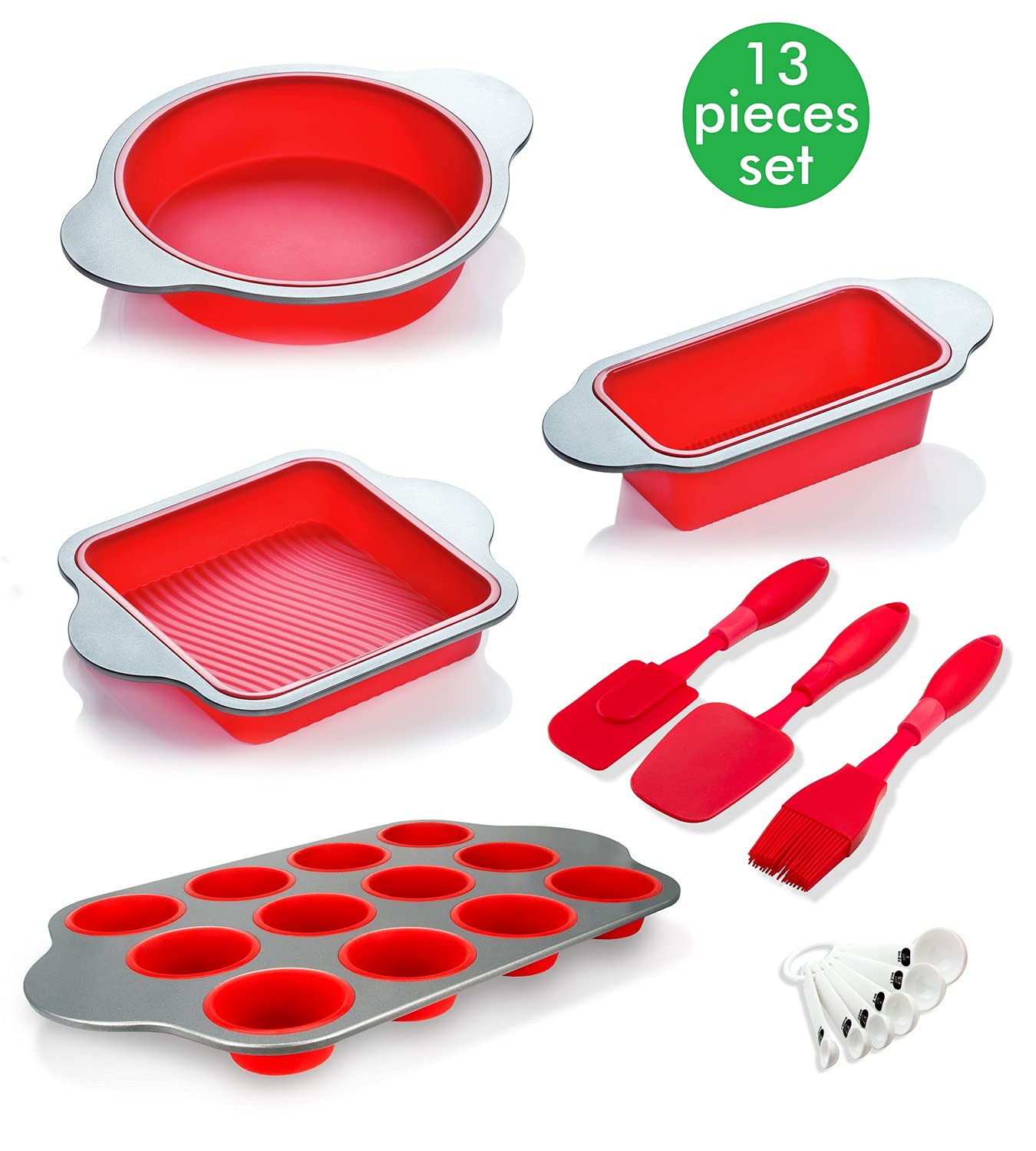 Boxiki Kitchen 13-Piece Non-Stick Silicone Bakeware Set With Cake Pan, Brownie Pan, Loaf Pan, Muffin Mold, Spatulas, Brush, And