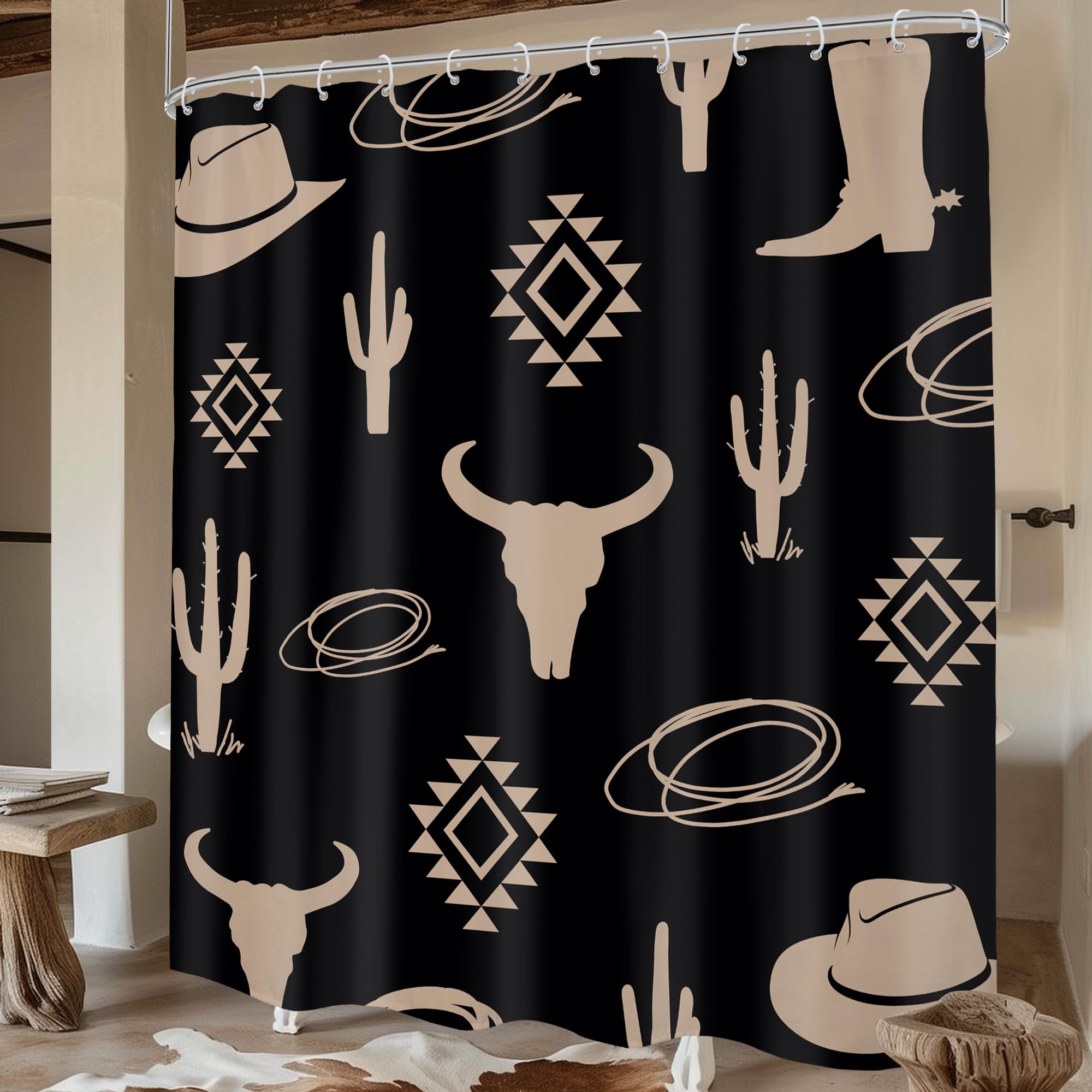 Mitpok Boho Western Bull Skull Shower Curtain 60Wx72H Farmhouse Retro Cow Head Desert Longhorn Black Cactus Southwestern Vintage