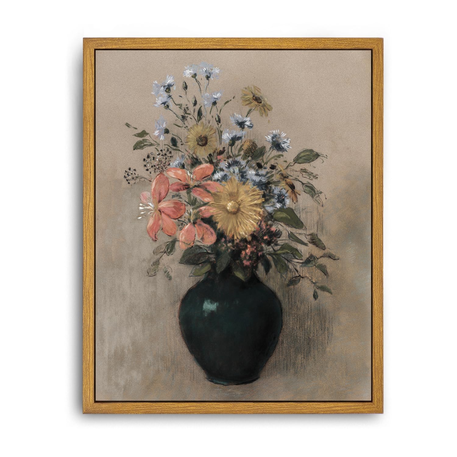 Roslynity Framed Canvas Wall Art Vintage Print Wildflowers Still Life Paintings Neutral Pastel Antique Retro Aesthetic Artwork F