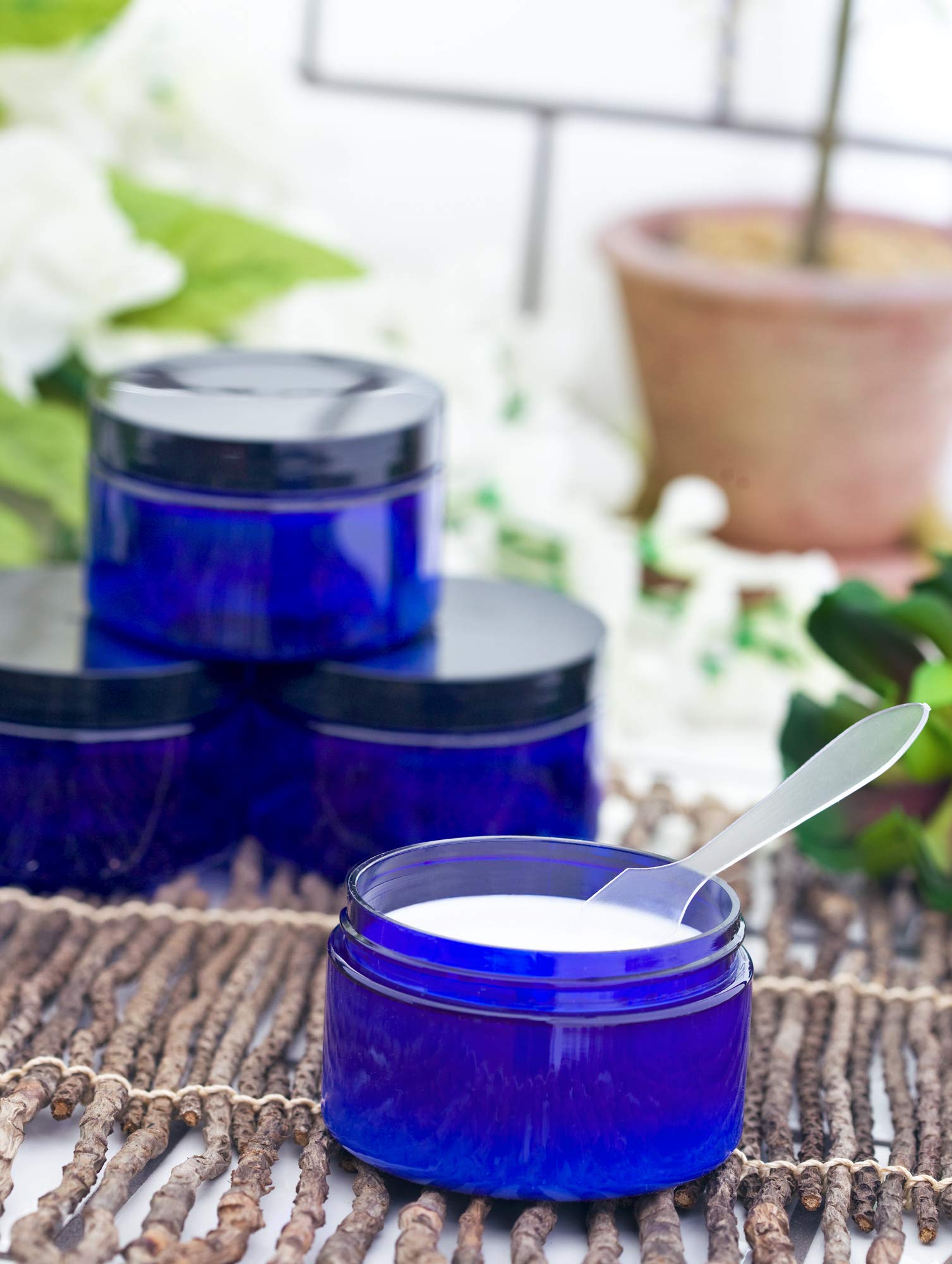 2 Oz Cobalt Blue Heavy Wall Plastic Refillable Low Profile Jar With Black Smooth Lid (6 Pack)