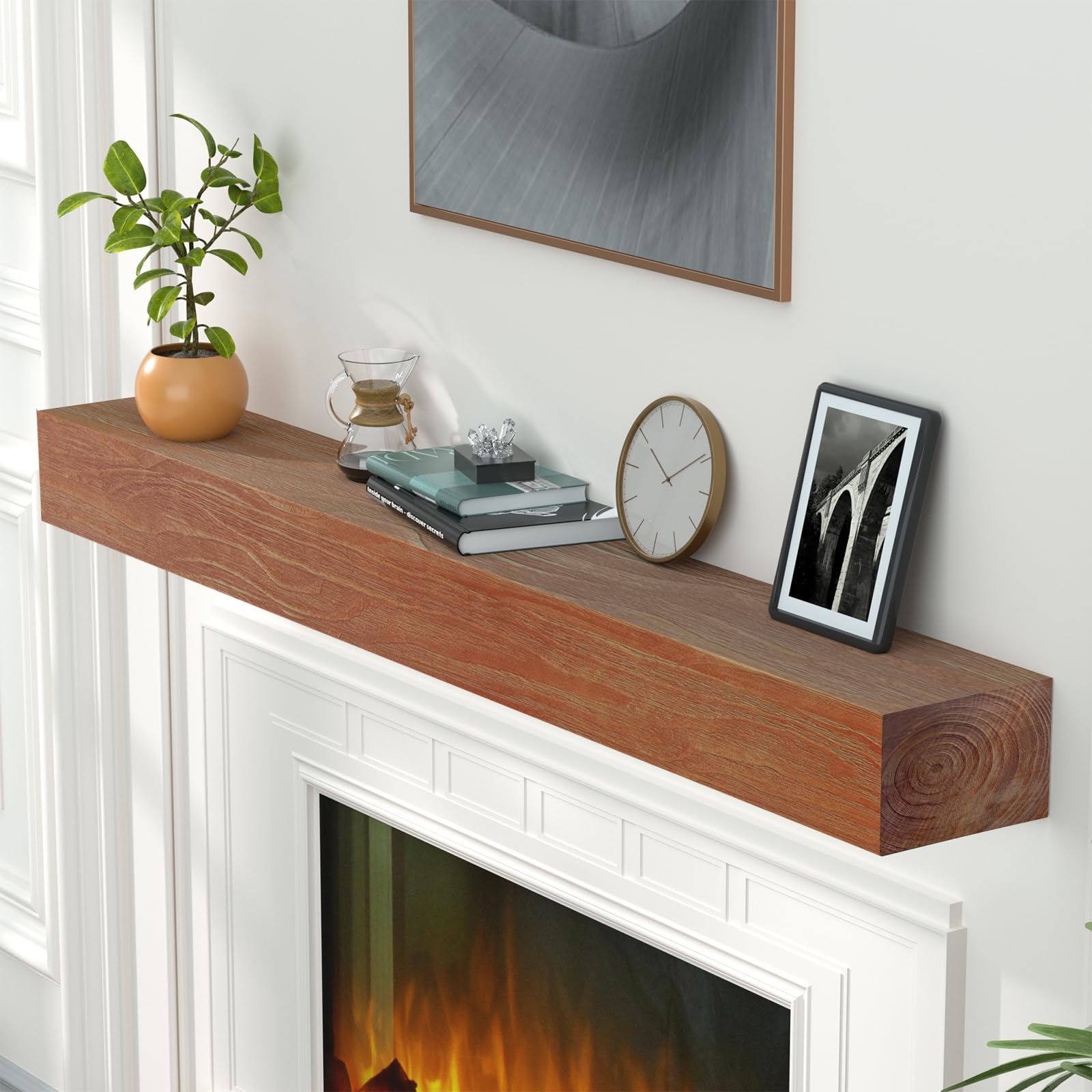 Roomtec Fireplace Mantel,84'' Wood Floating Fireplace Shelves,Wall Mounted Wooden Display Shelving,Handcrafted Wood Brack,Natura