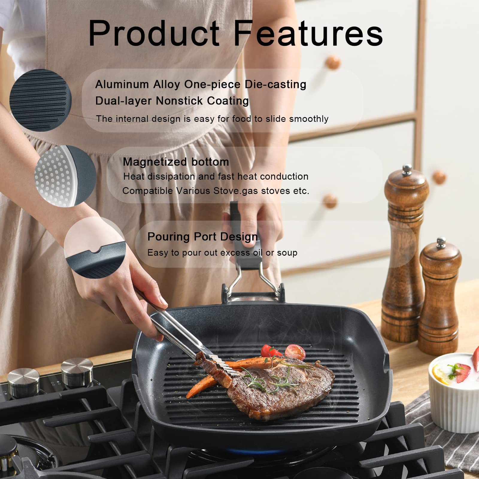 Skitchn Grill Pan With Folding Handle, Nonstick Grill Pan For Stove Tops, Induction Compatible Kbbq Grill Pan With Pour Spouts,