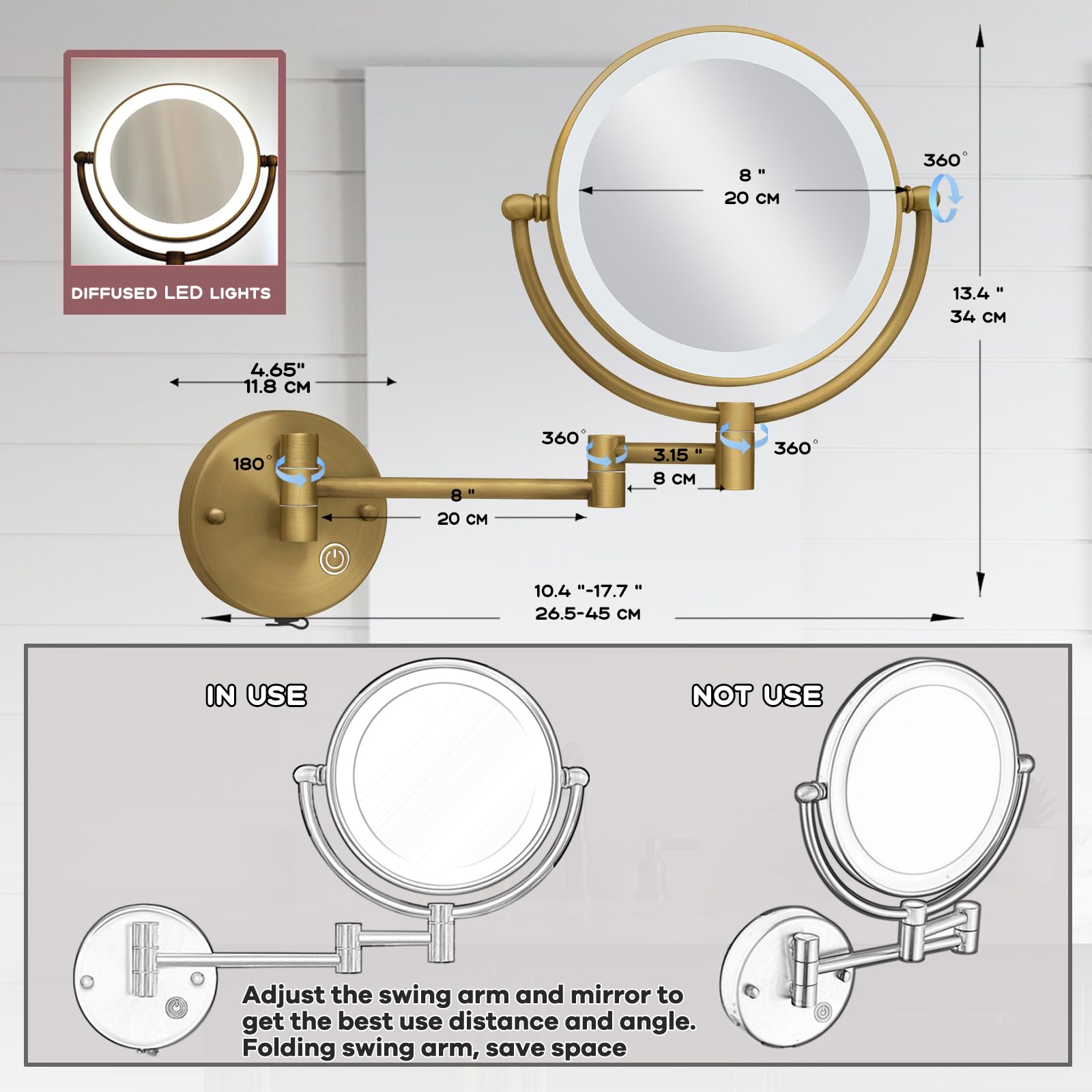 Reckodor Brass Wall Mounted Makeup Mirror With Lights And Magnification, Rechargeable Lighted Magnifying Mirror Wall Mount With