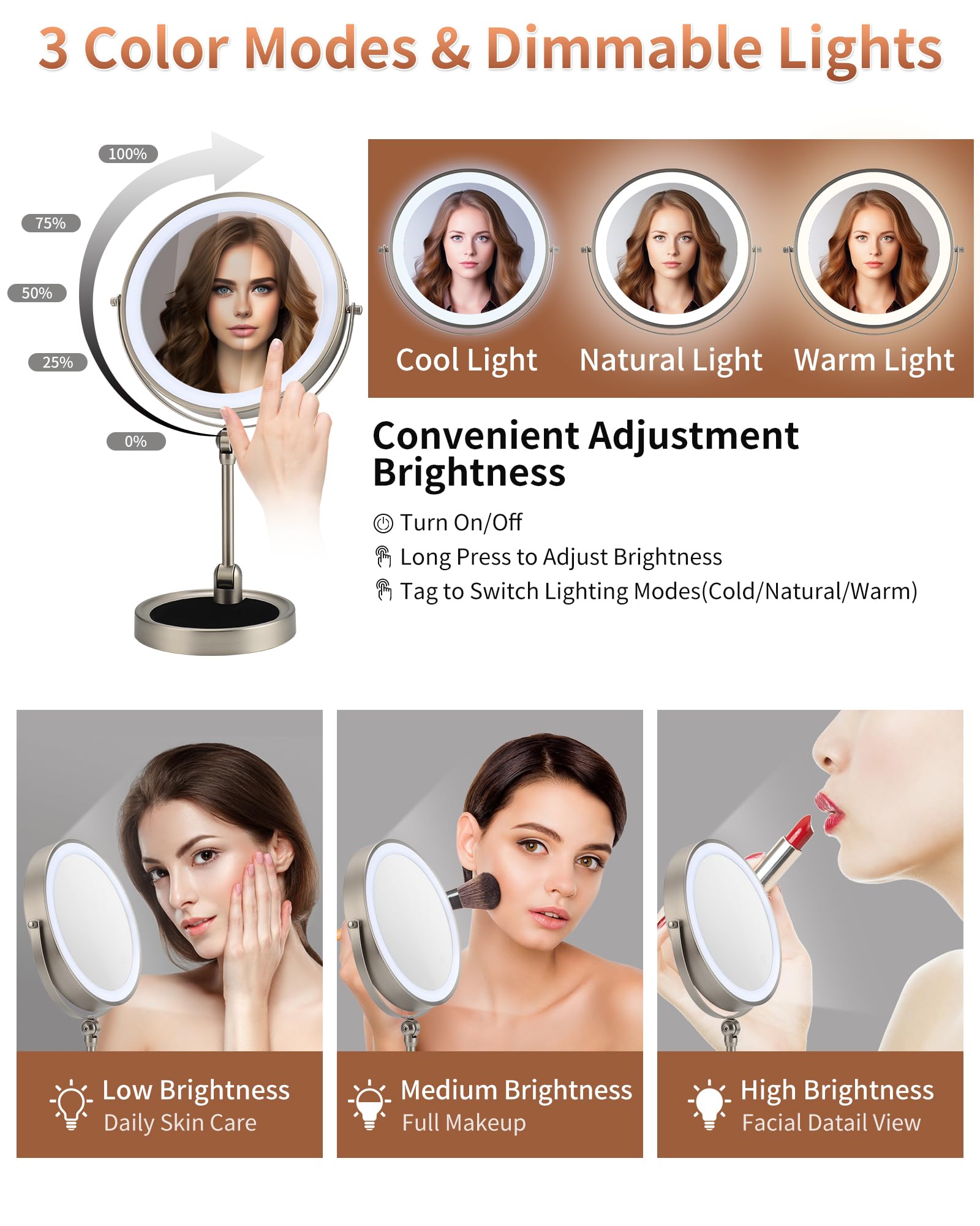9'' Lighted Makeup Mirror,1X/10X Magnifying Vanity Mirror With Height & Brightness Adjustable,Rechargable Makeup Mirror,360Rotat