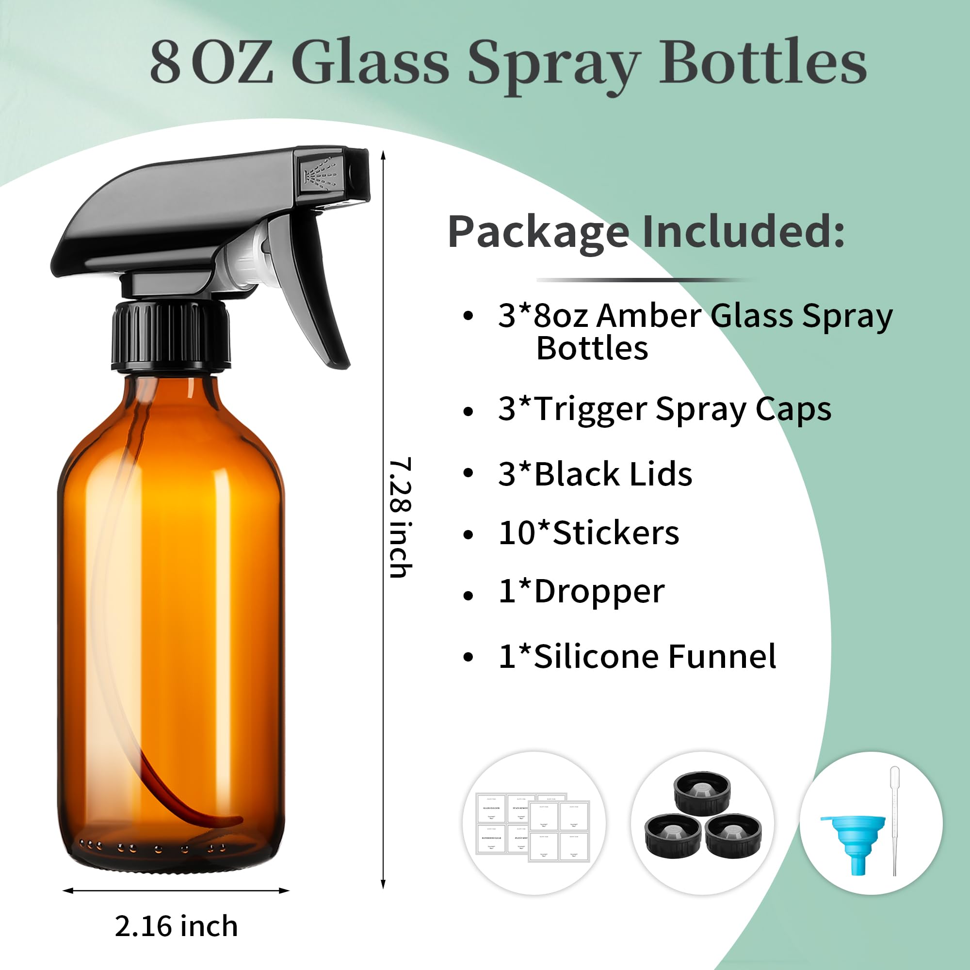 Givameihf 8Oz Amber Glass Spray Bottles,3 Pack Glass Spray Bottles Refillable Empty Bottle With Adjustable Nozzle,Spray Bottle F