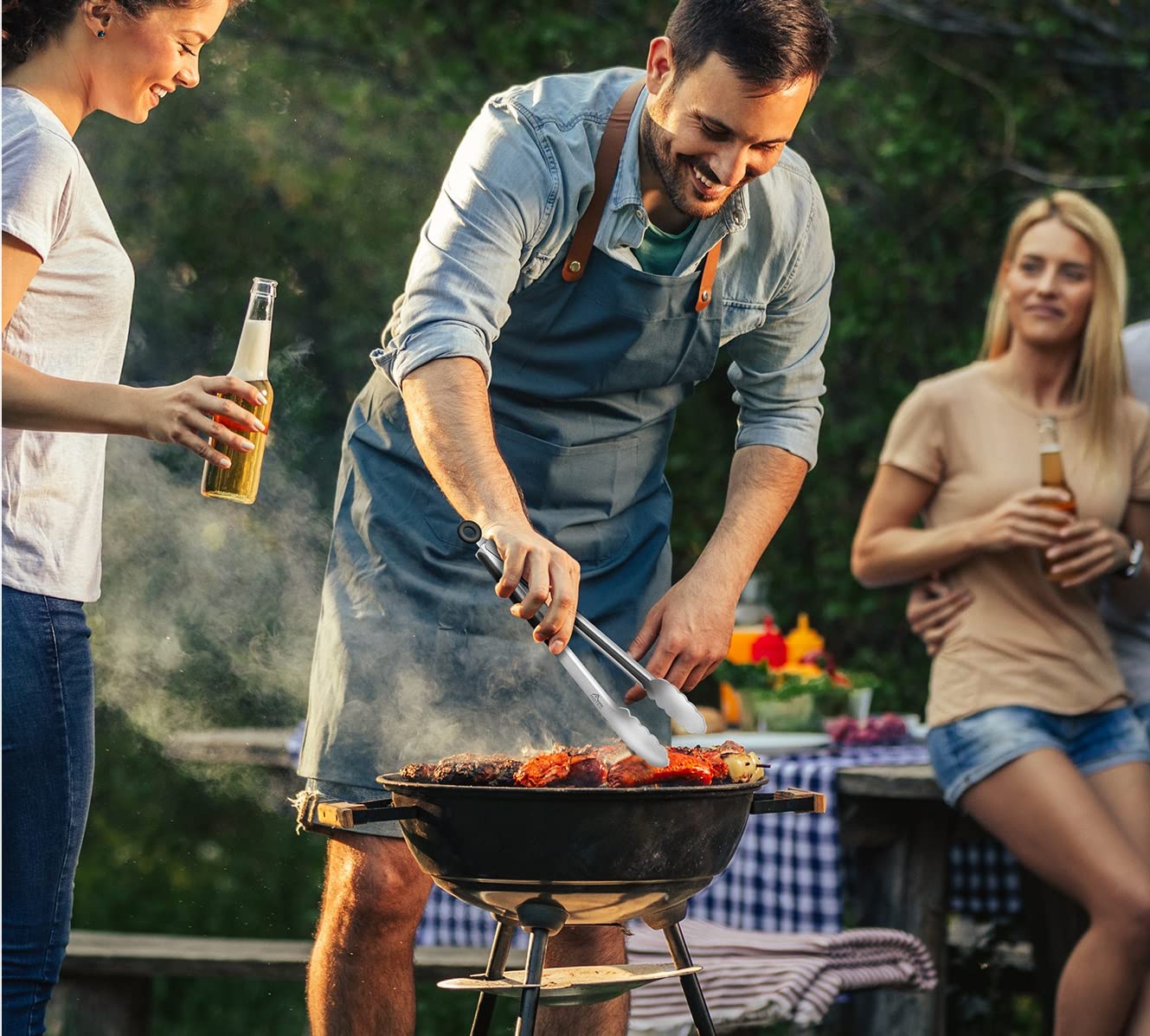 HOTEC Stainless Steel Kitchen Tongs Set of 2-12 inch  Locking Metal Food Tongs Non-Slip Grip (Black)