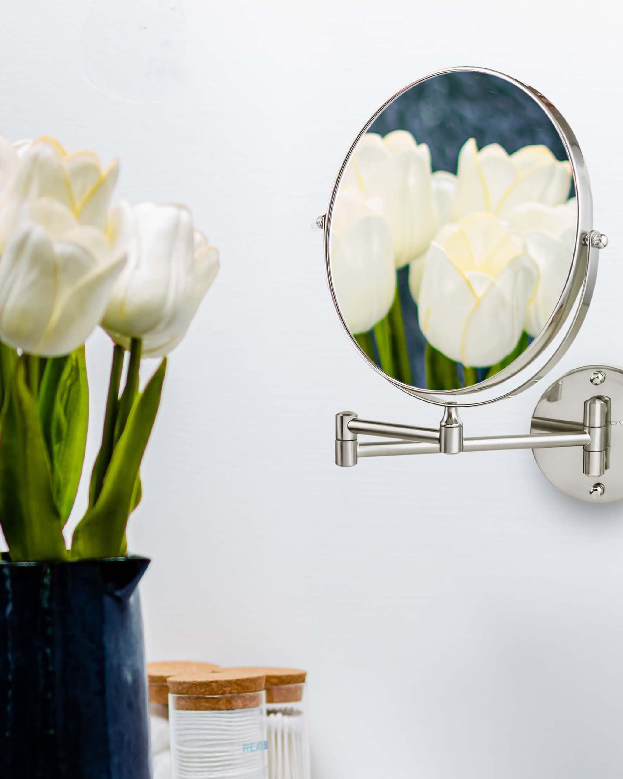 Ovente 9'' Wall Mount Makeup Mirror, 1X & 10X Magnifier, Adjustable Spinning Double Sided Round Reflection, Extend, Retractable