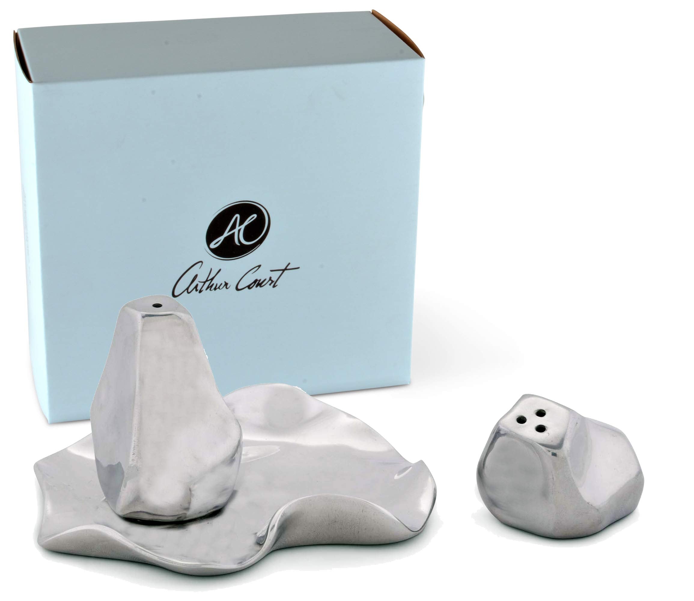 Arthur Court Salt And Pepper Sand Casted Heavy Aluminum Metal Hand Polished Carmel Modern Pattern Three Pieces Salt/Pepper/Tray