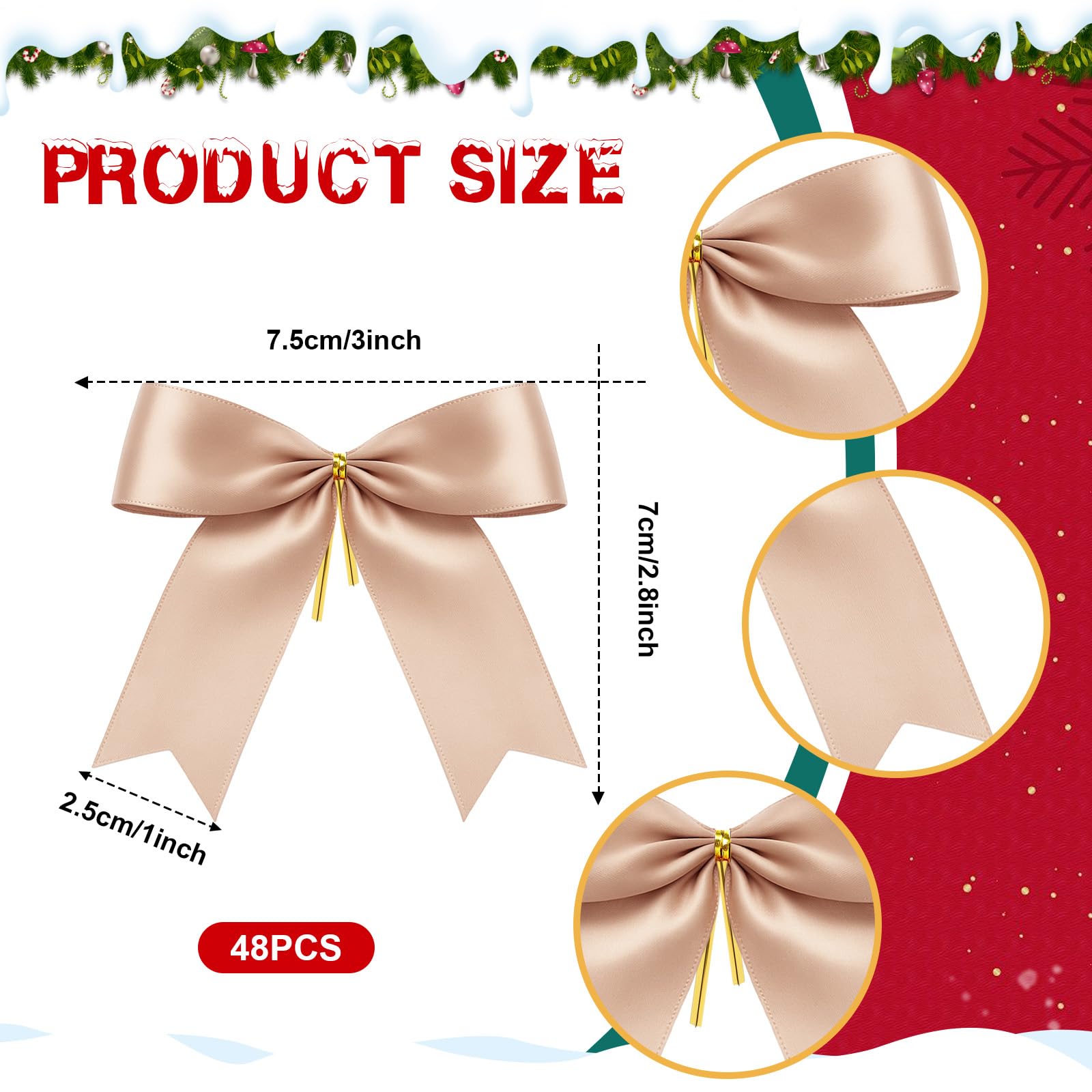 Sumind 48 Pcs Christmas Ribbon Mini Satin Twist Tie Bows Mini Ribbons 3 Inch Wreath Ornaments for Christmas Tree Xmas Decor Pack