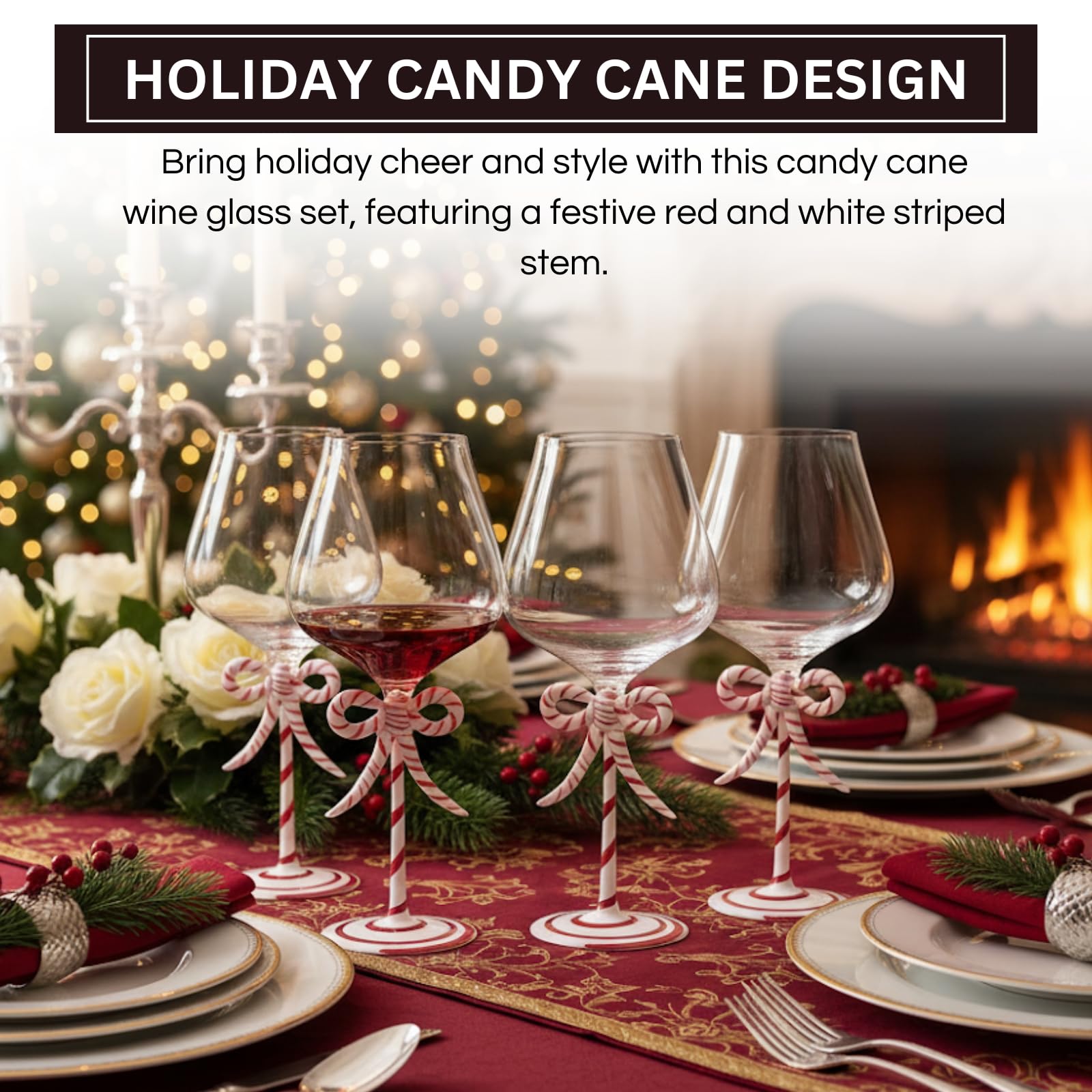 Khen Christmas Candy Cane Bow Wine Glasses - Set of 2