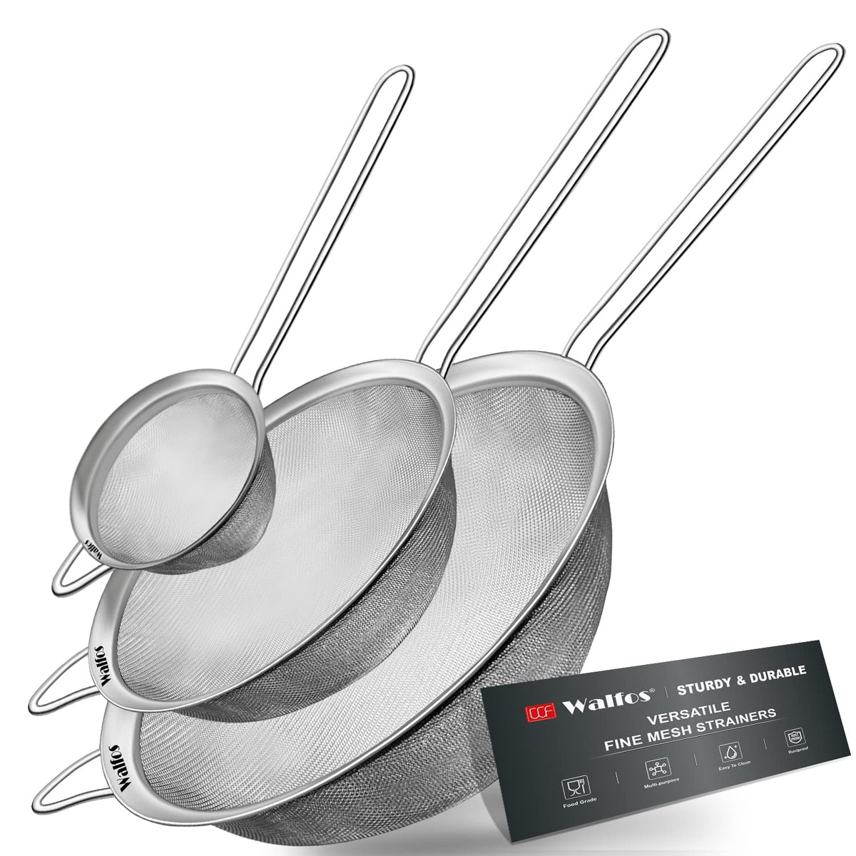 Walfos Fine Mesh Strainer Set Of 3, Stainless Steel Wire Strainers For Kitchen, Multipurpose Metal Fine Sieve With Handle, Perfe