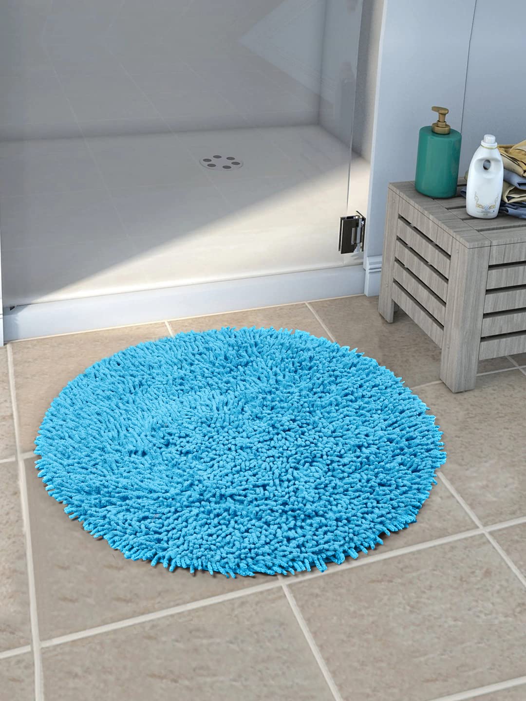 Saral Home Easy Living Cotton Shaggy Anti-Skid Round Bath Mat (Turquoise, 60X60 Cm)