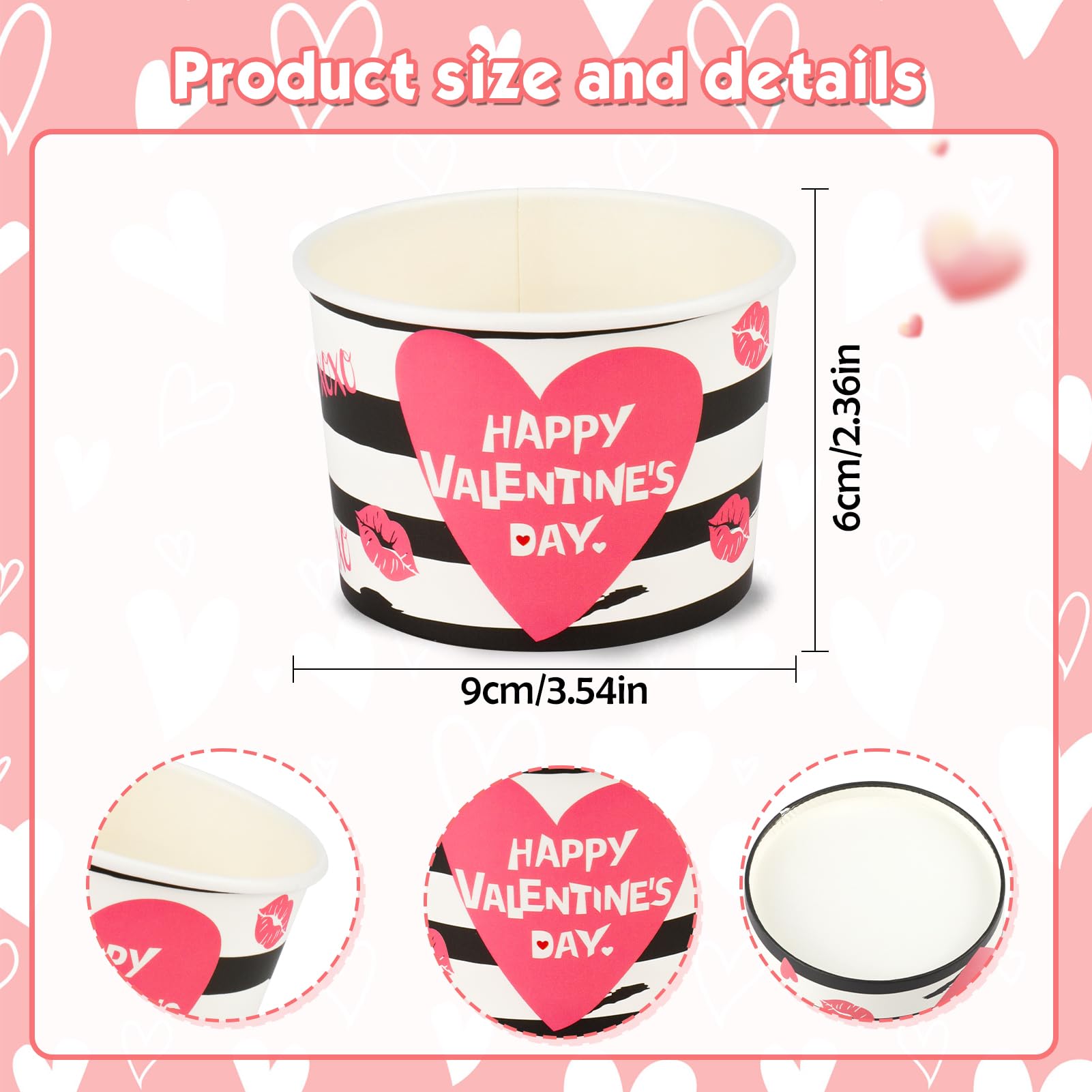 Howaf 24Pcs Valentine'S Day Party Supplies Ice Cream Bowls, Valentine Day Disposable Treat Snack Cups For Sundae Hot Or Cold Foo