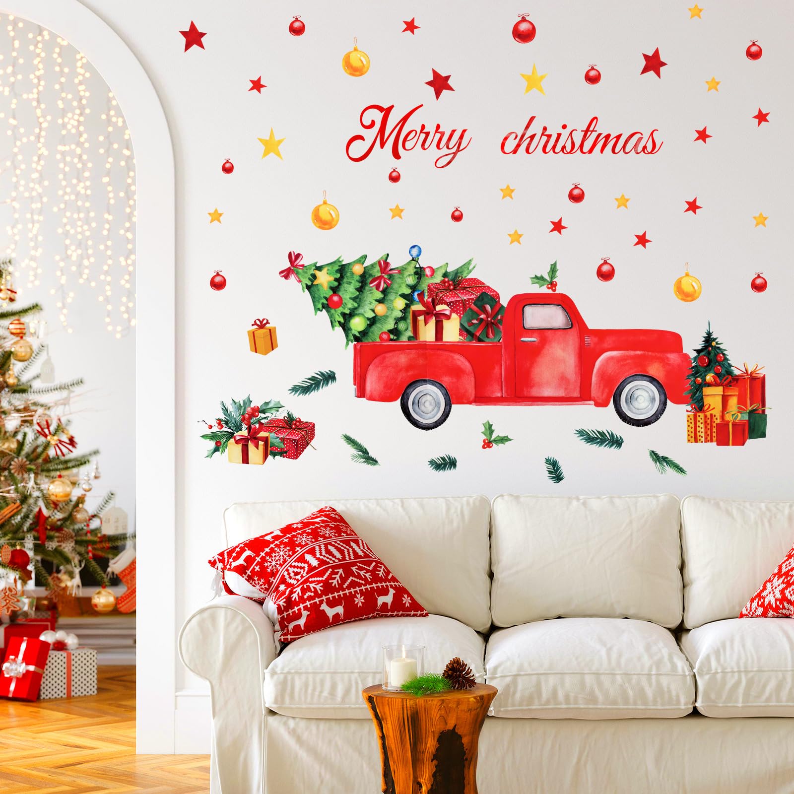 Glenmal 40 Pcs Merry Christmas Wall Decals Christmas Truck Wall Stickers Farmhouse Red Truck with Christmas Trees Wall Decals fo