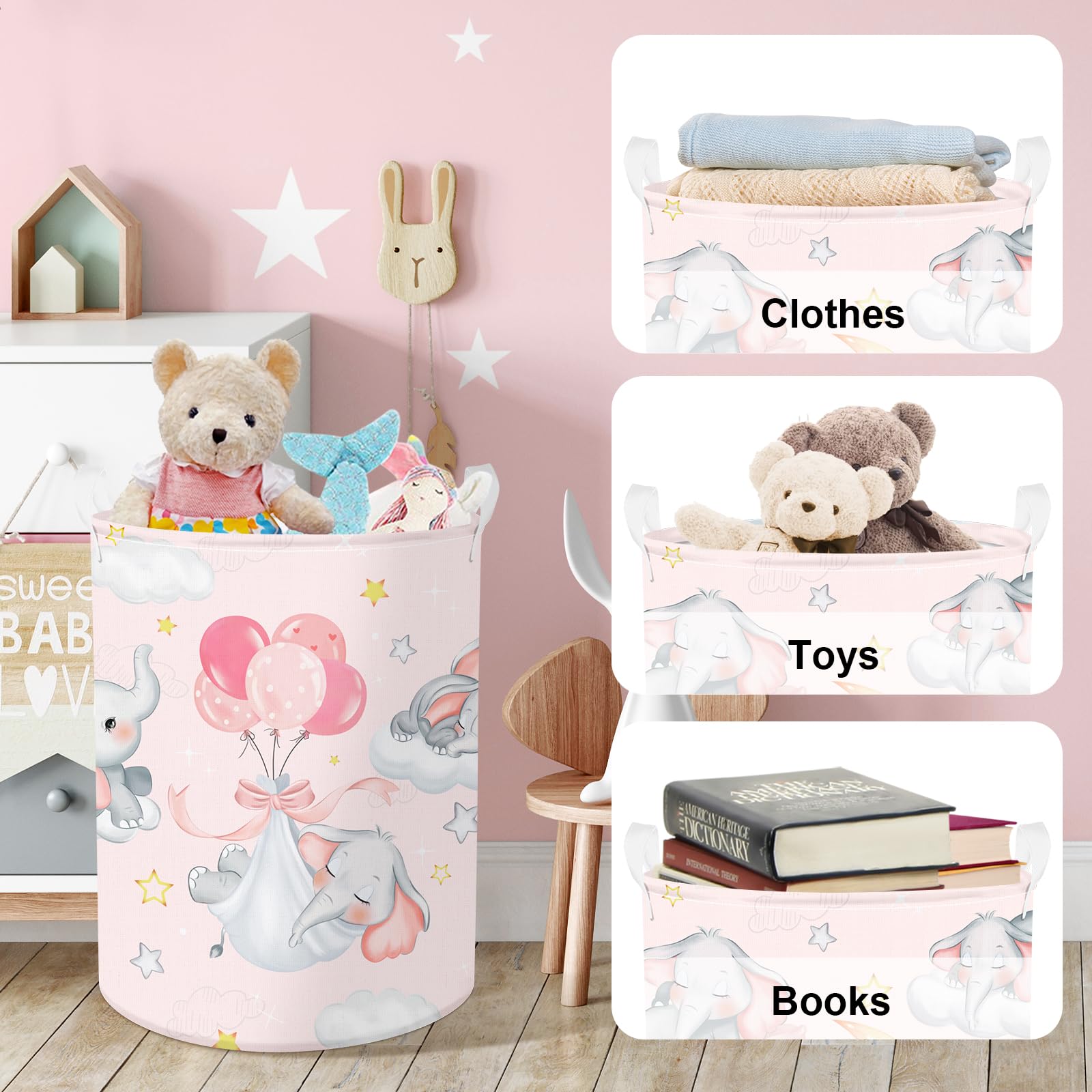 Clastyle Sleeping Elephant Kid Laundry Basket Pink Baby Girls Clothes Hamper For Nursery Collapsible Star Moon Towel Toy Storage