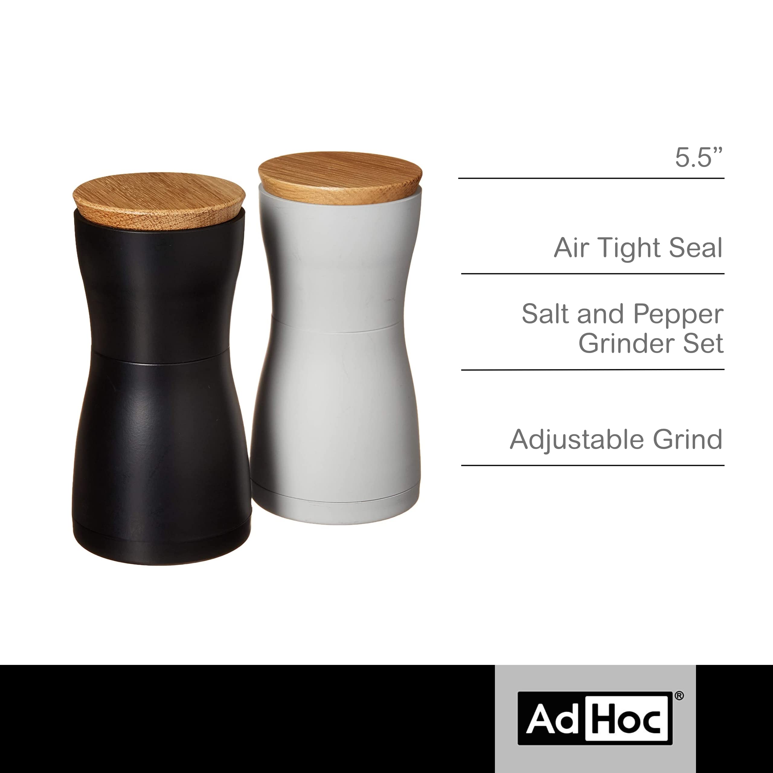Adhoc Twin Salt And Pepper Mill Gift Set - Adjustable Salt & Peppercorn Grinder - Screw-On Lid In Upside-Down Design - White/Bla