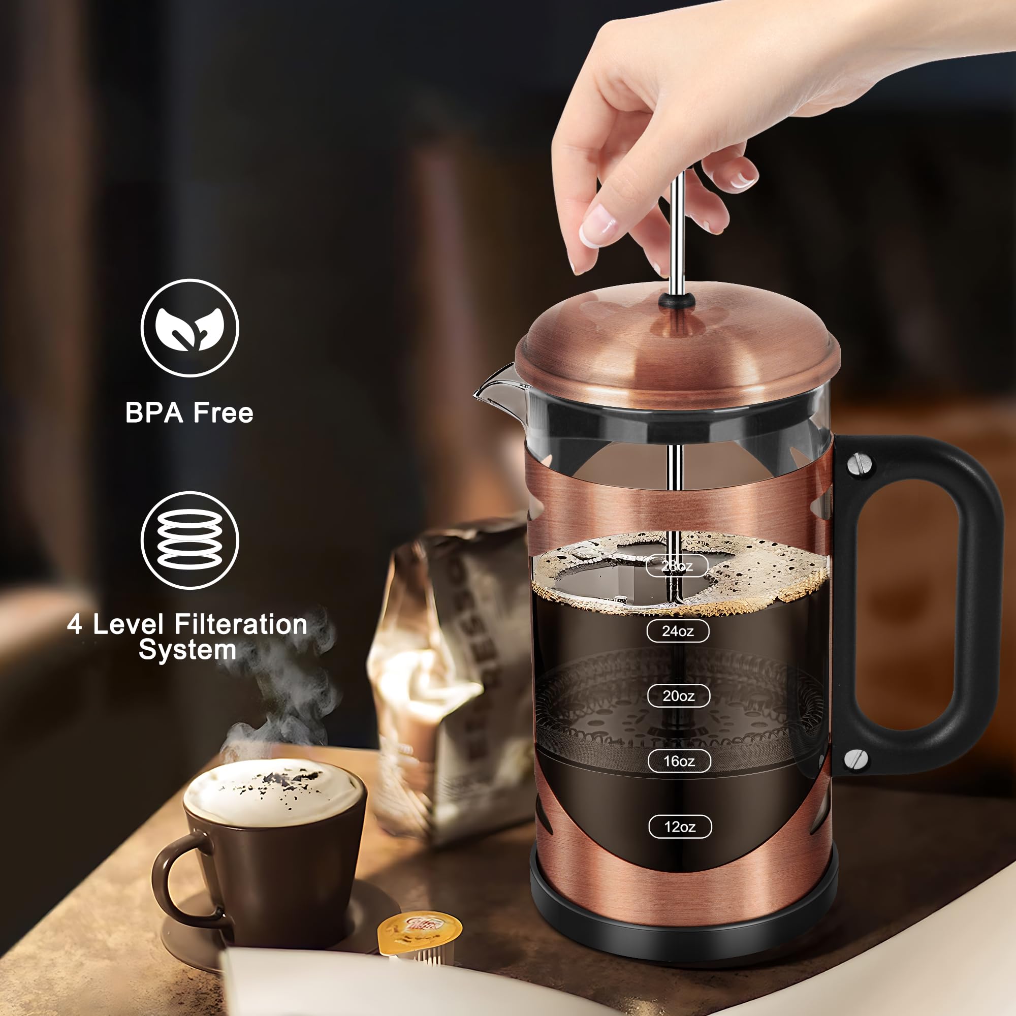 Ymmind 34 Ounce French Press Coffee Maker Copper Stainless Steel Coffee Press, With 4-Level Filter System, Heat Resistant Thickn
