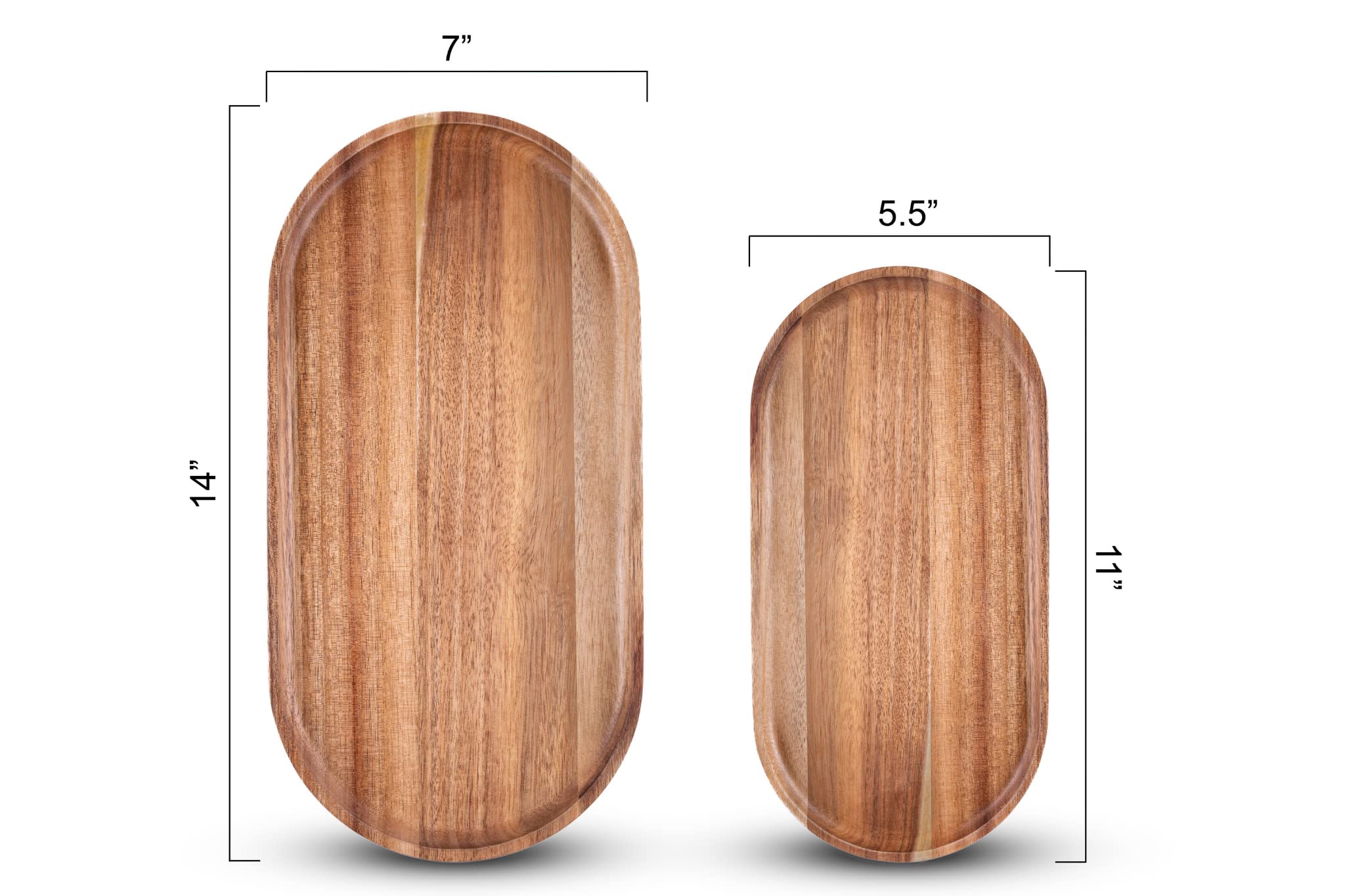 Speshh Acacia Wooden Serving Trays Set Of 2 - Rectangular Oval Shaped Wood Plates For Charcuterie Cheese Bread Fruit Vegetable D