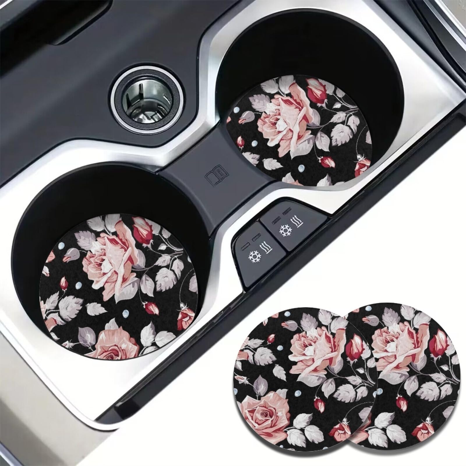 Afpanqz Vintage Flowers Car Coasters, 2 Pack, Black Pink, 2.75'' Round, Nylon With Rubber Bottom