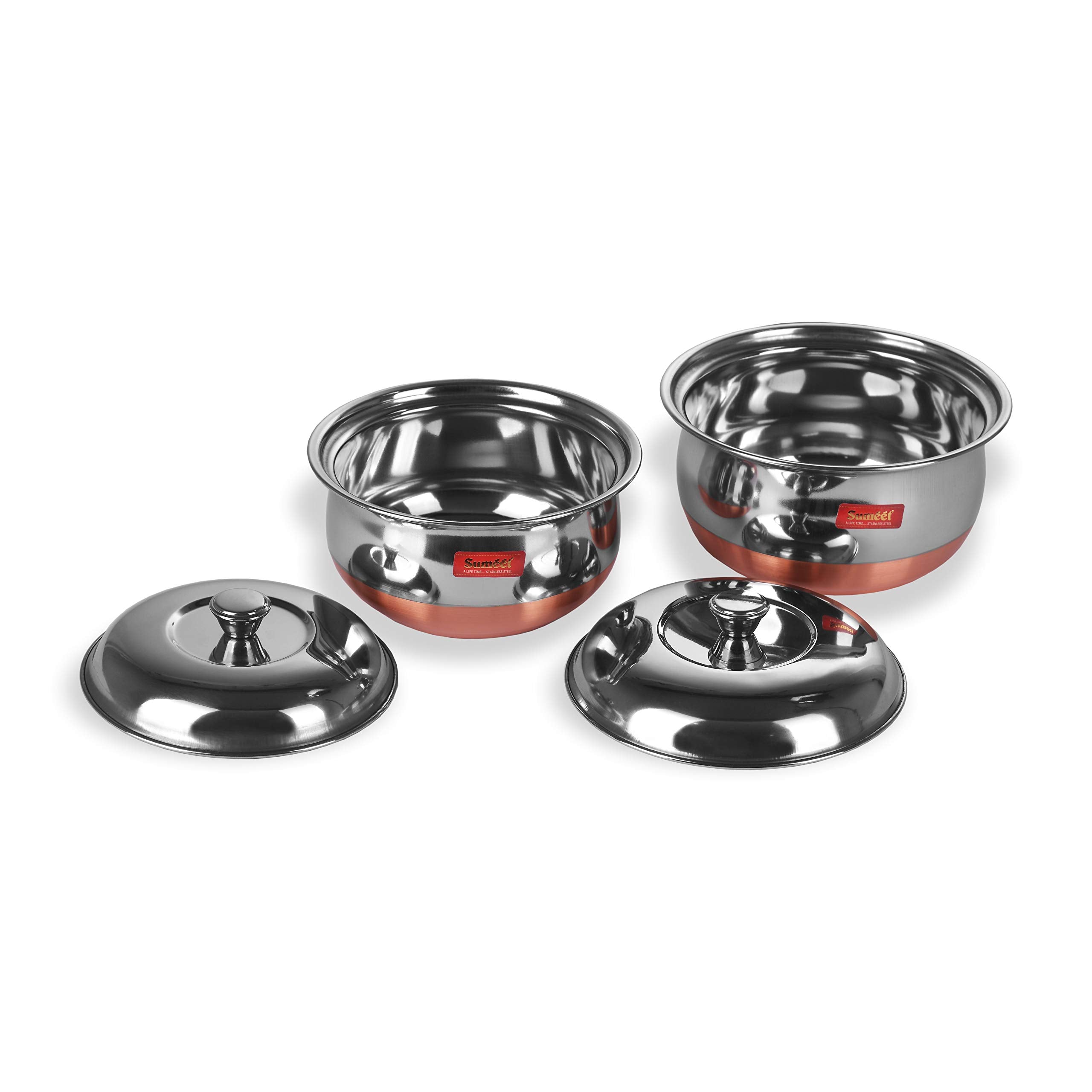 Sumeet Stainless Steel Copper Bottom Multipurpose Cook & Serve Handi With Lid  2 Pcs Set (1.1 Liter, 1.3 Liter)