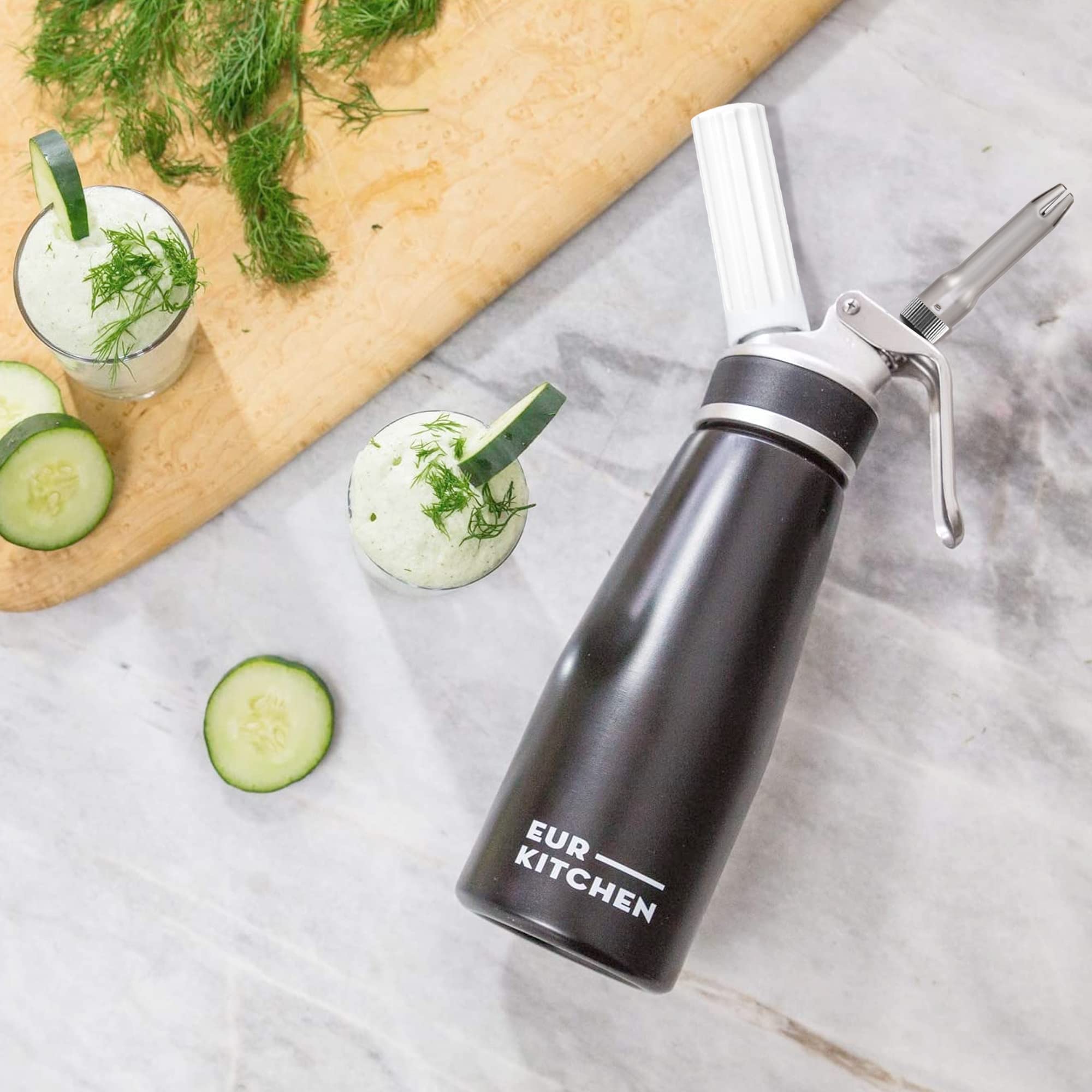 Eurkitchen Professional Aluminum Whipped Cream Dispenser - Leak-Free Whip Cream Maker Canister With 3 Decorating Nozzles & Clean