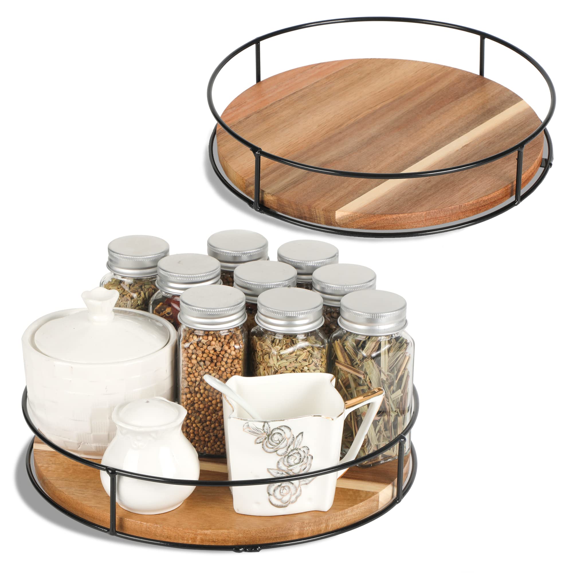 [ 2 Pack ] 9 '' & 10 '' Acacia Wood Lazy Susan Organizers With Steel Sides, Lazy Susan Turntable For Cabinet, Kitchen Turntable