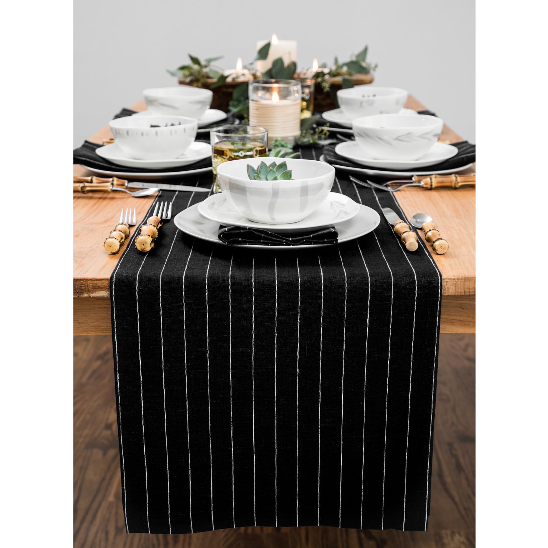 Solino Home Pinstripe Linen Table Runner 120 Inches Long - 100% Pure Linen Black And White Table Runner 14 X 120 Inch - Machine