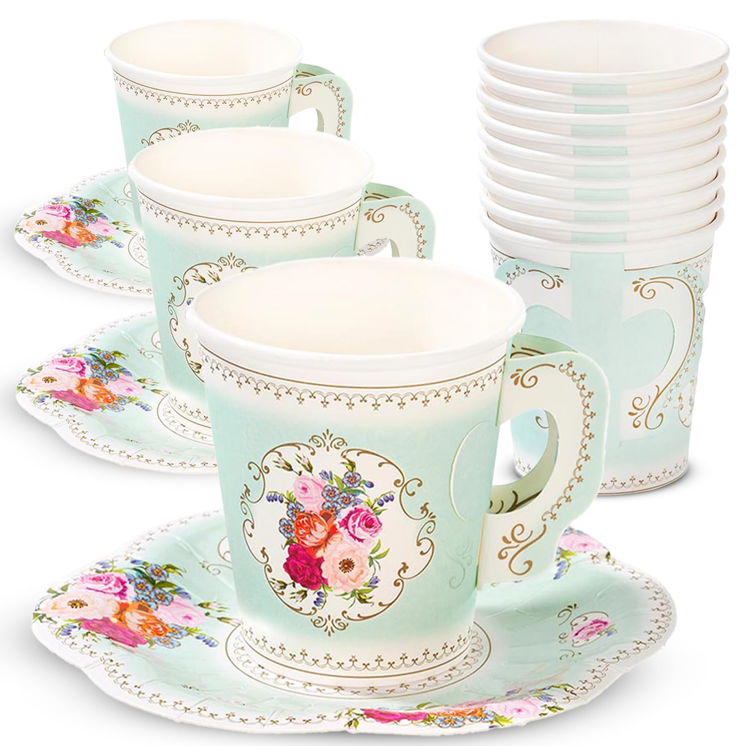 Talking Tables Ts6-Cupset Disposable Truly Scrumptious Party Vintage Floral Tea Cups And Saucer Sets, Mint Green