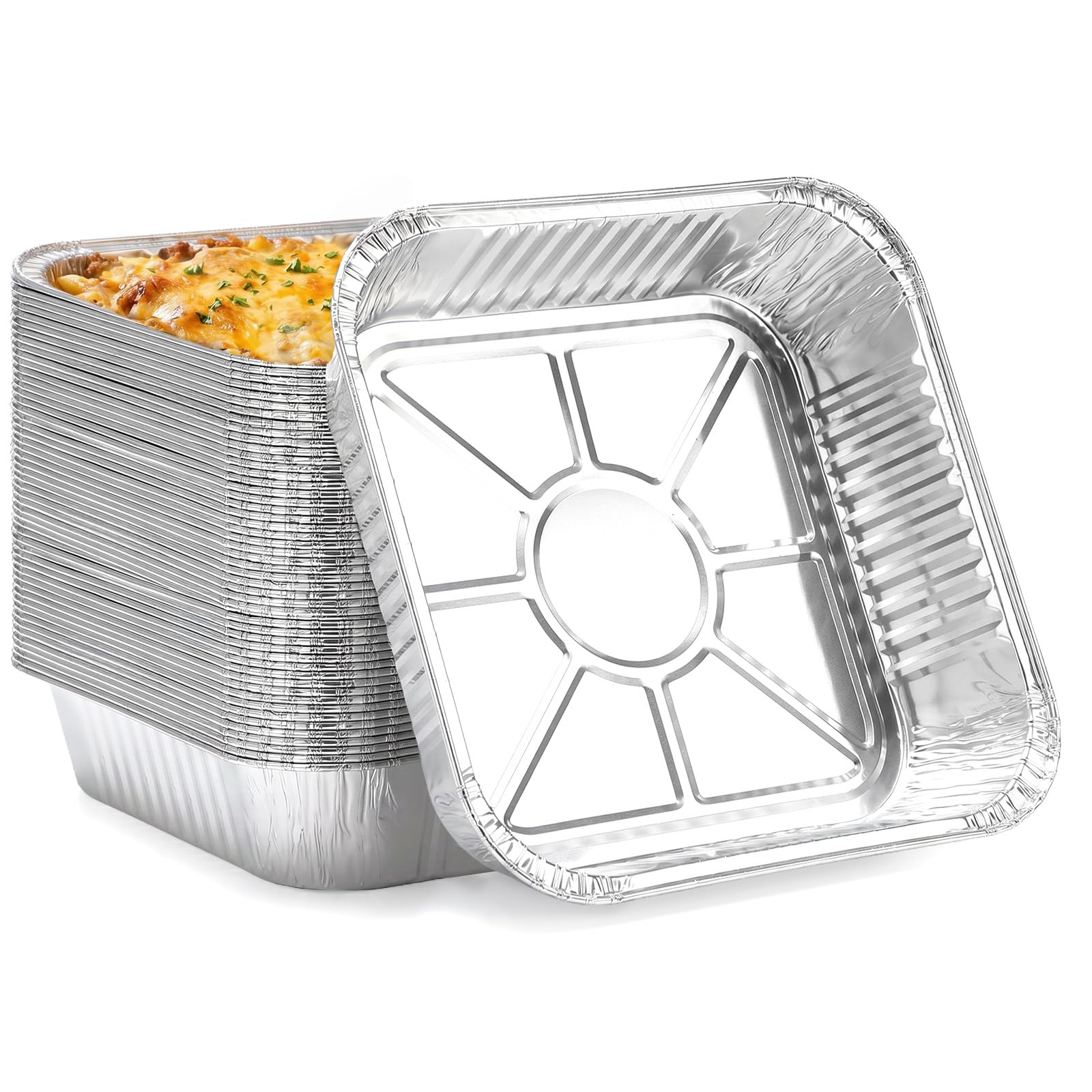 EUSOAR 8x8 Baking Pan, 50 Pack Disposable Aluminum Pans 8 Inch Cake Pan with Sporks, Freezer Oven Safe Tin Foil Pans Square Cook