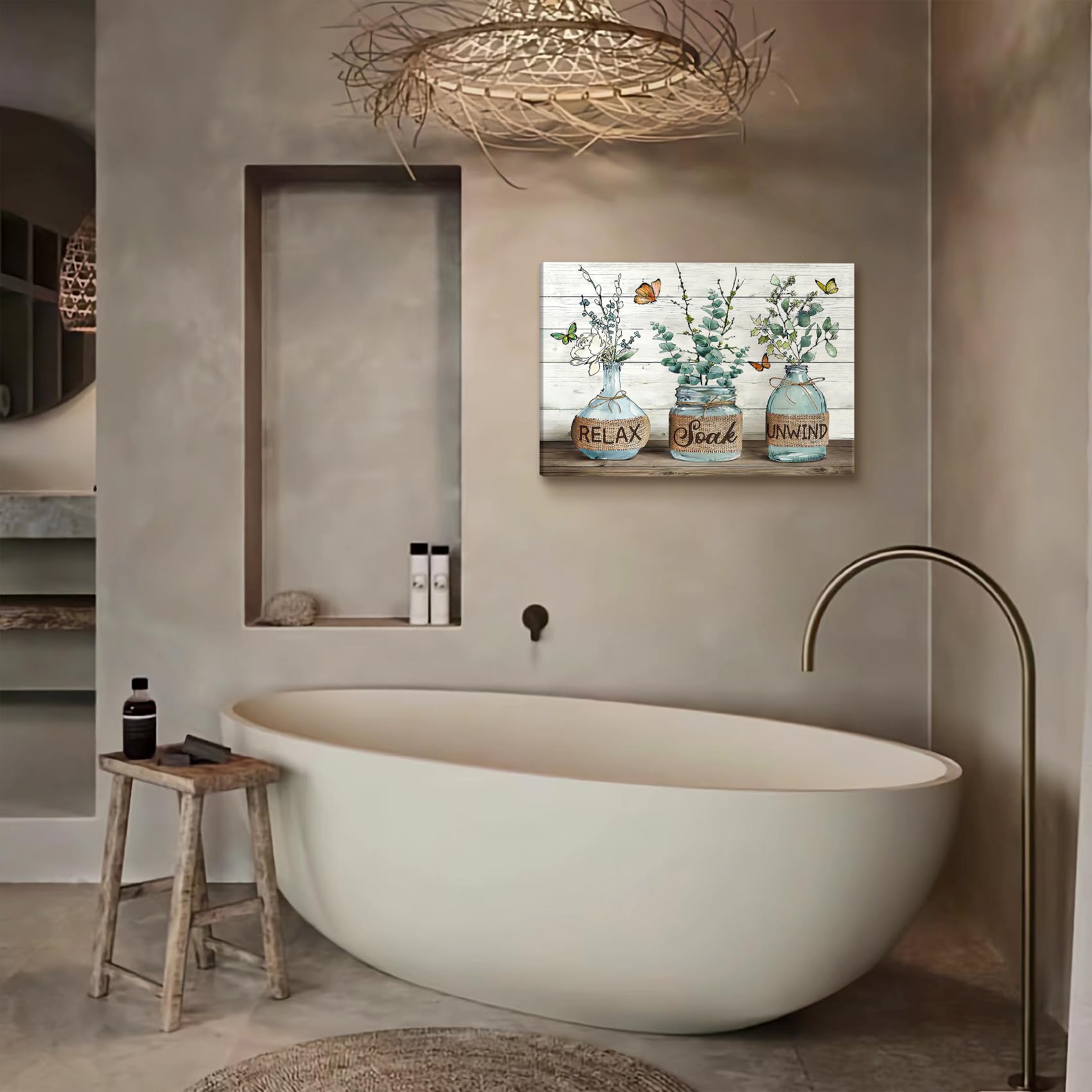 Bjvjksu Farmhouse Bathroom Wall Art Rustic Green Botanical Bathroom Canvas Wall Decor Bathroom Relax Soak Unwind Painting Print
