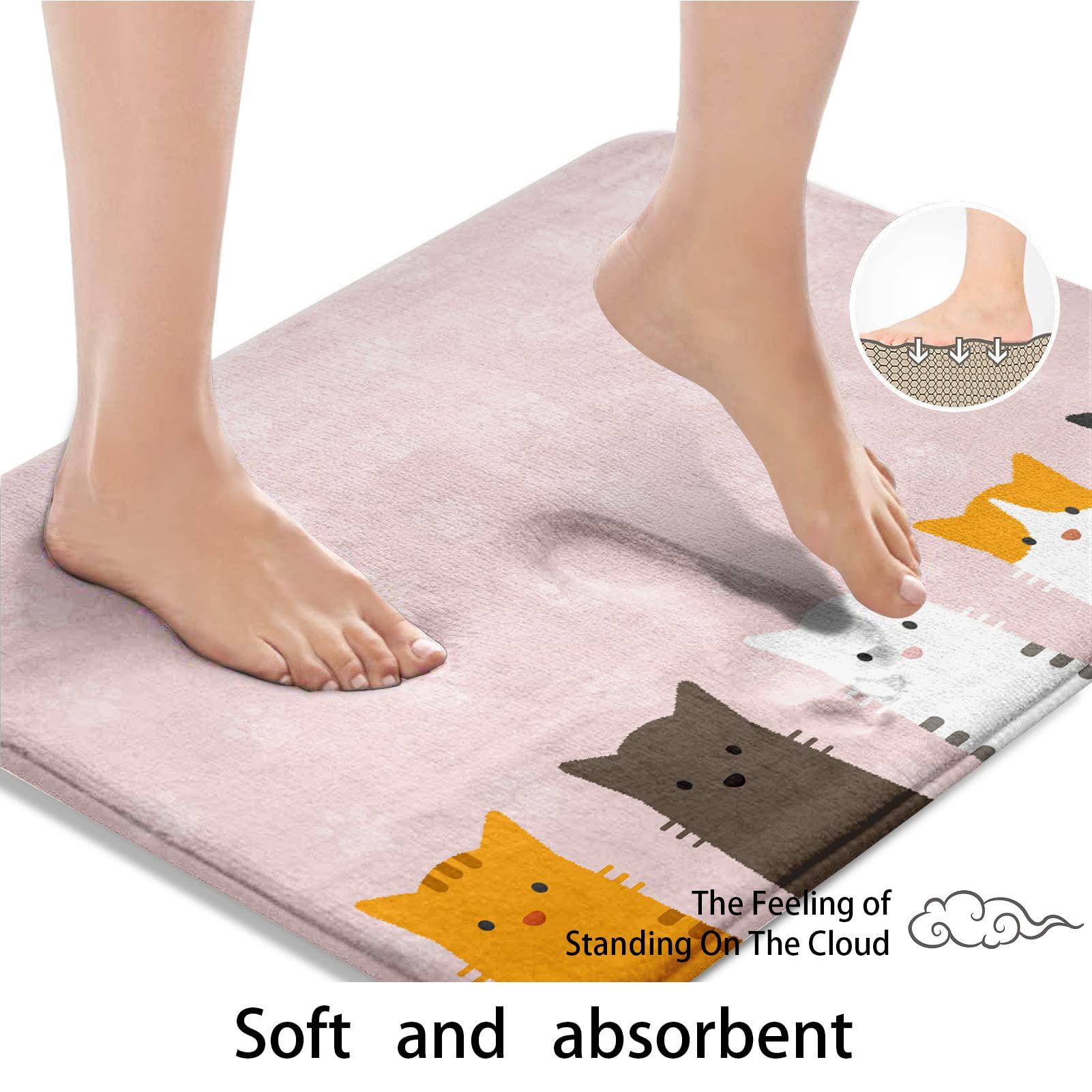 Pink Bath Mat Lovely Colorful Cat Portrait Bathroom Rugs No Silp Cartoon Cute Cat's Paws Background Washable Cover Floor Rug Carpets Floor Mat 16x24 Inches for Kitchen Bedroom