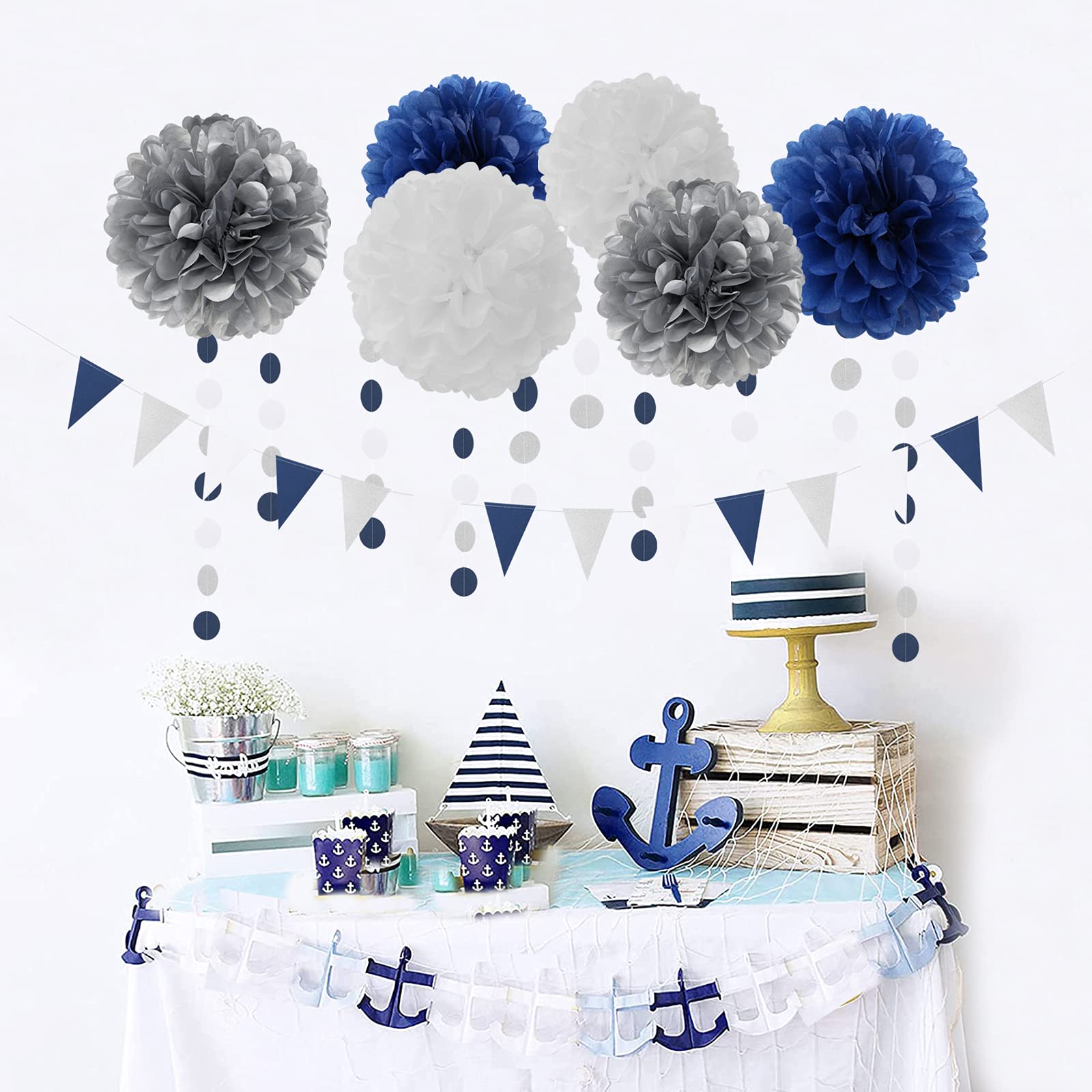 Navy Blue White Silver Party Decorations,23Pcs Kit Graduation 2024 Tissue Paper Pom Poms Streamers,Tassel Garland Banner Flowers